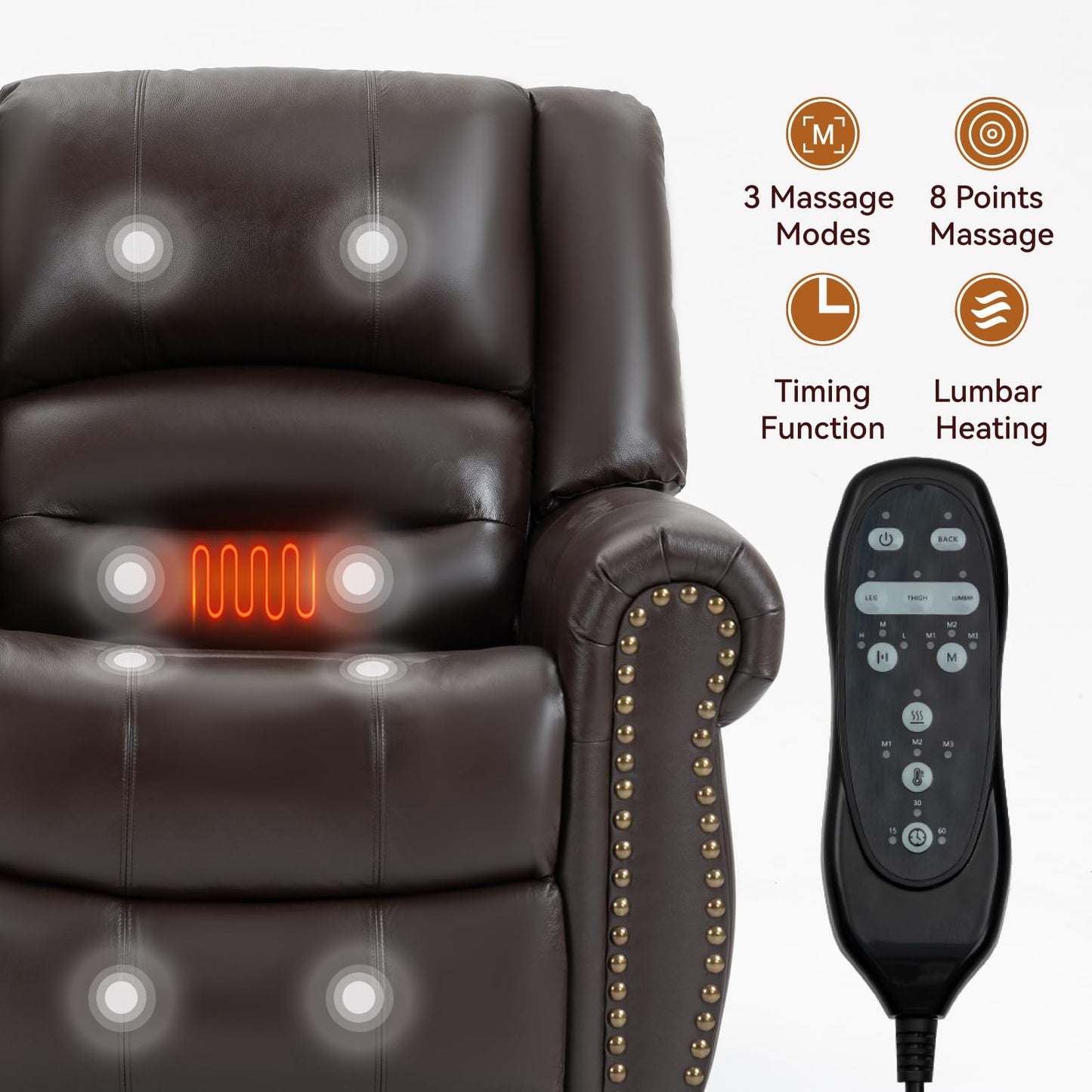 KEIKI Oversized Power Lift Recliner Rocking Chair for Adult, Genuine Leather Mid Century Modern Accent Chair with Back Message & Heat USB Port, Adjustable Home Theater Seating for Living Room, Brown