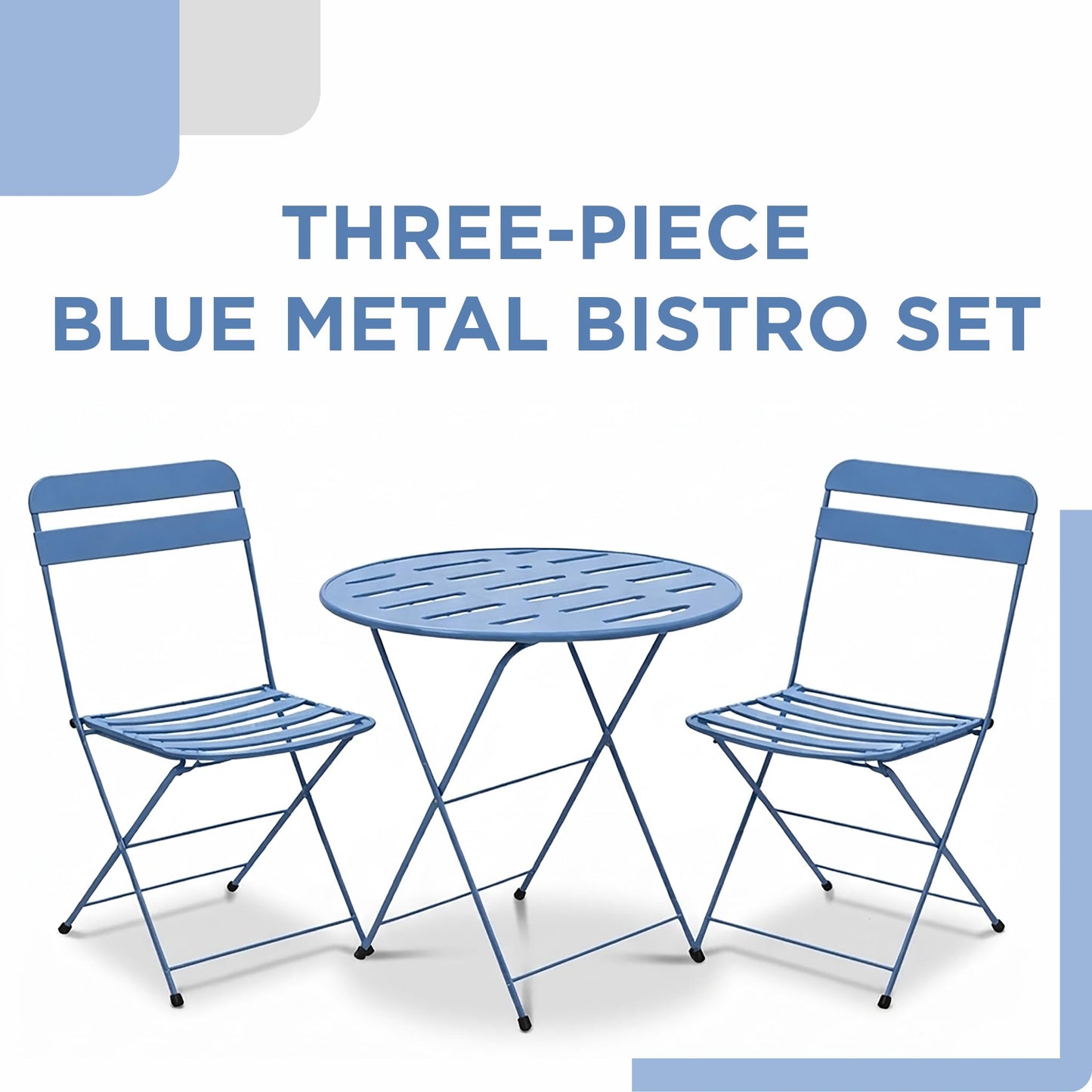 Alpine Corporation VTFAM168A-BL 3-Piece Blue Metal Folding Bistro Set – 20" Round Patio Table with 2 Folding Chairs – Portable Indoor/Outdoor Balcony & Garden Furniture Set