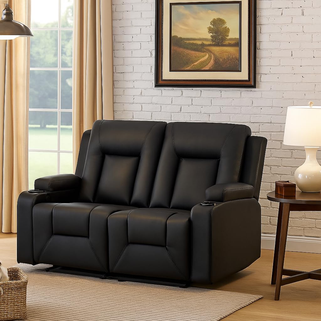 LUCKLIFE Leather Recliner Sofa Set with Manual Recliners,Living Room Furniture Set with Reclining Couch,Loveseat and Armchair,Living Room Chair with Cup Holders,Black (2)