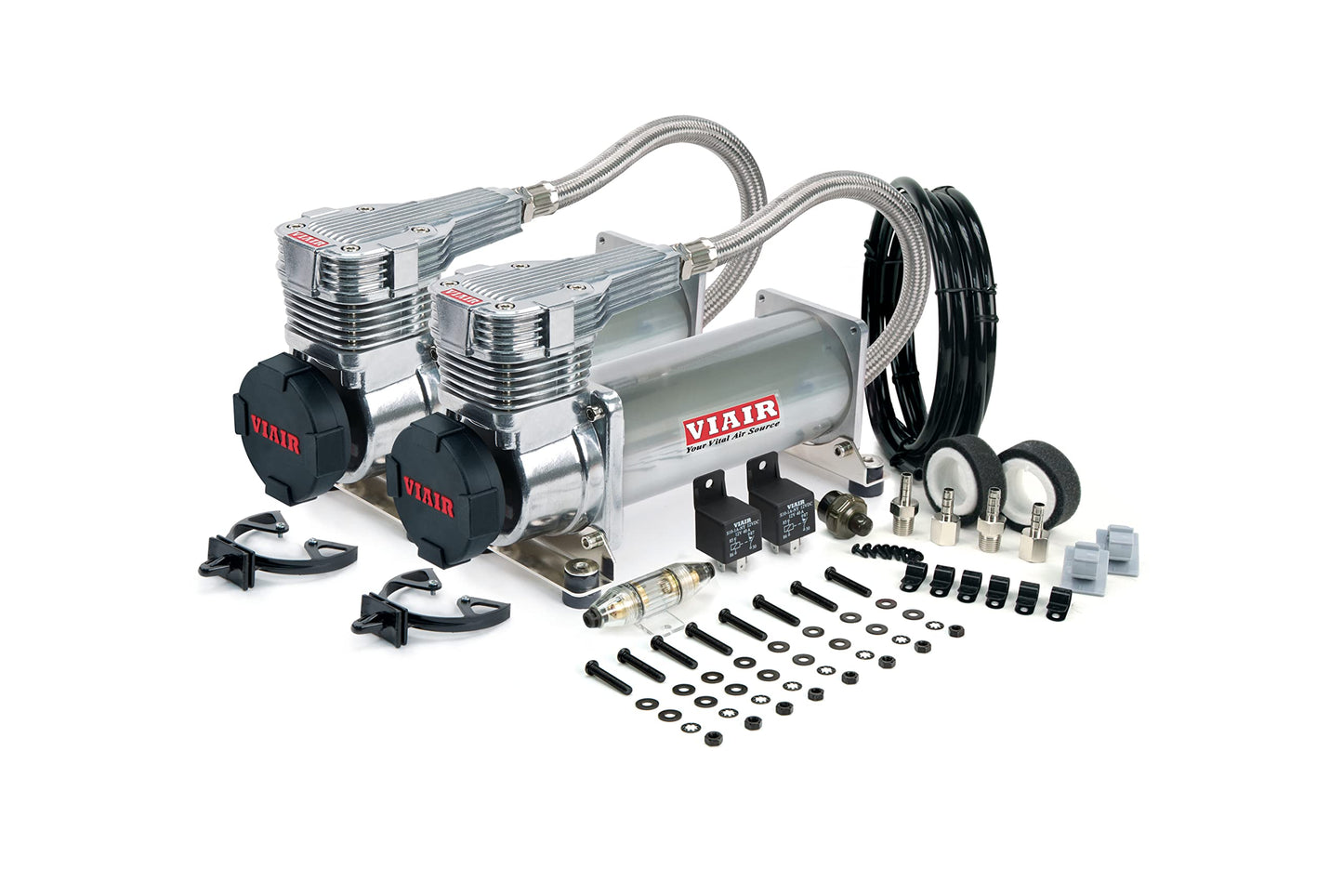 VIAIR 485C Dual Air Compressor for Air Suspension (2 Pack) 12V Continuous Duty Cycle Compressor for Air Tanks, Bags, Air Horns 200 PSI (Platinum)