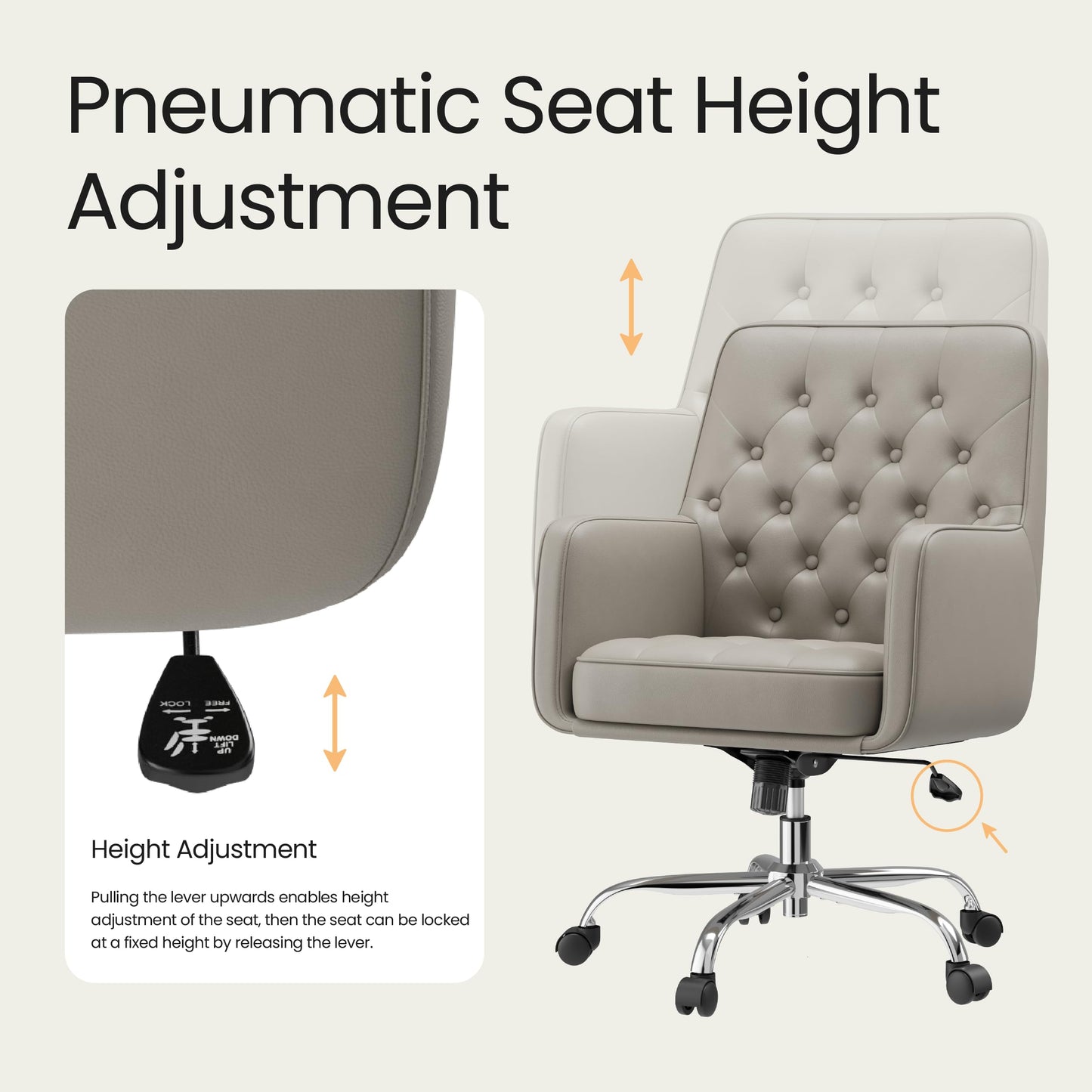 COLAMY Verso Home Desk Chair with Armrest, Leather Swivel Office Chair Adjustment Height with Wheels, Comfortable Padded Seat, Khaki