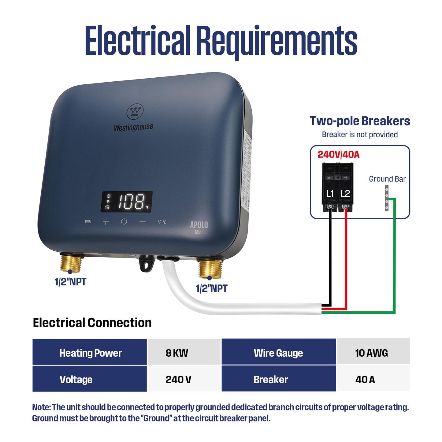Westinghouse Apolo Mini 8kW Tankless Water Heater Electric, 240V Instant Hot Water Heater, Under Sink Water Heater Electric, Smart WiFi Control, Compatible with Alexa & Google Home, Deep Blue