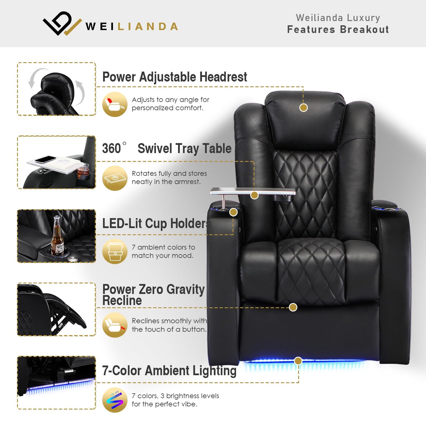 Weilianda Home Theater Seating Top Grain Leather Zero Gravity Recliner Chair Power Headrest Recline Movie Seat Gaming 7 Colors Mood Light Sofa with Tray Table USB Charge Row of 1 Black