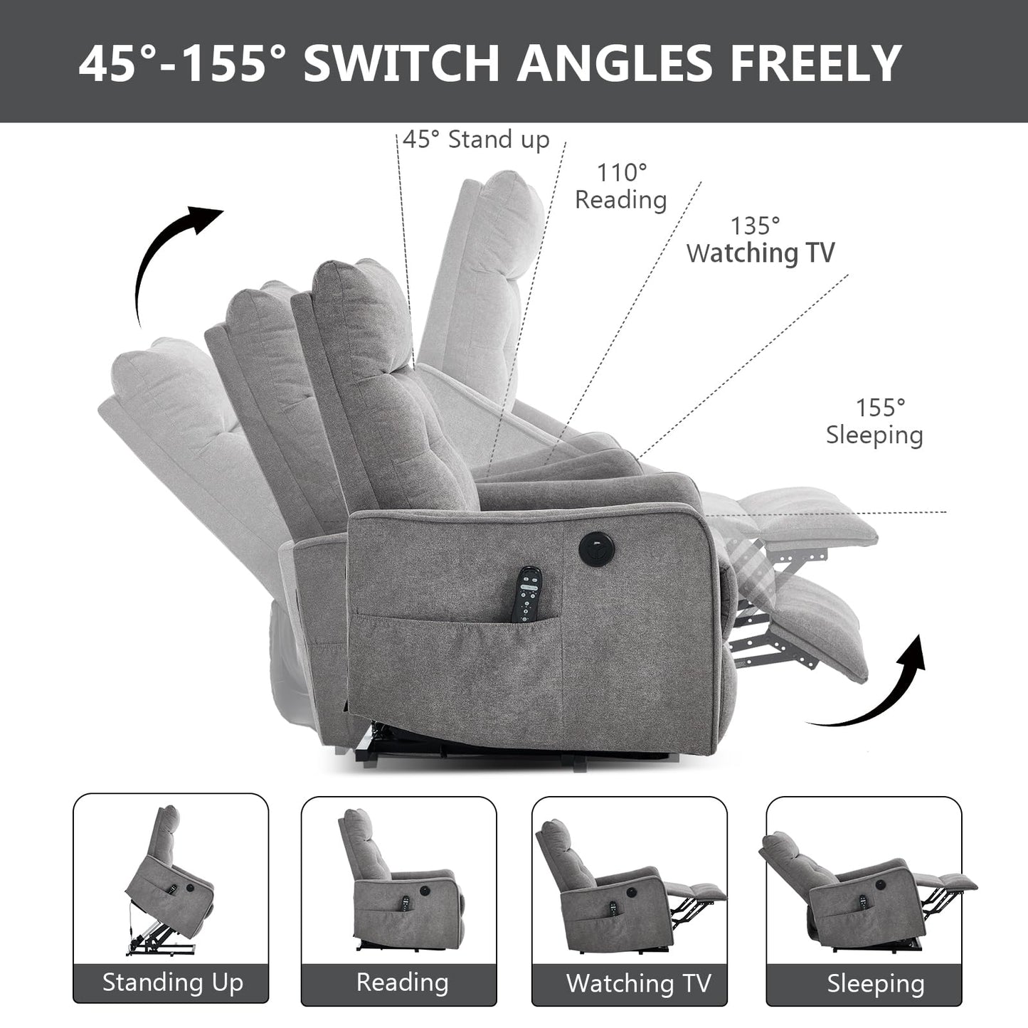 KEIKI Single Motor Power Lift Recliner Chair with Massage and Heat for Home Theater, Soft Fabric Finish with USB Charging Port and Motion Mechanism for Elderly