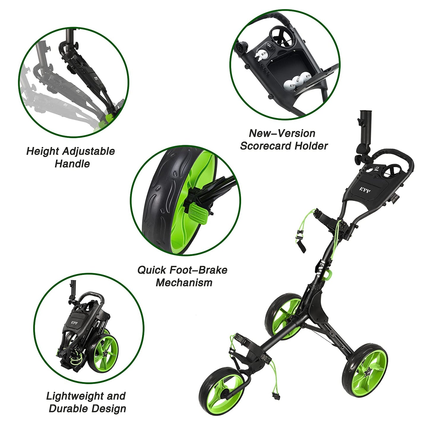 KVV 3 Wheel Foldable/Collapsible Golf Push Cart Ultra Lightweight Smallest Folding Size, New-Version Scorecard Holder Umbrella Holder Included(Black/Lime)