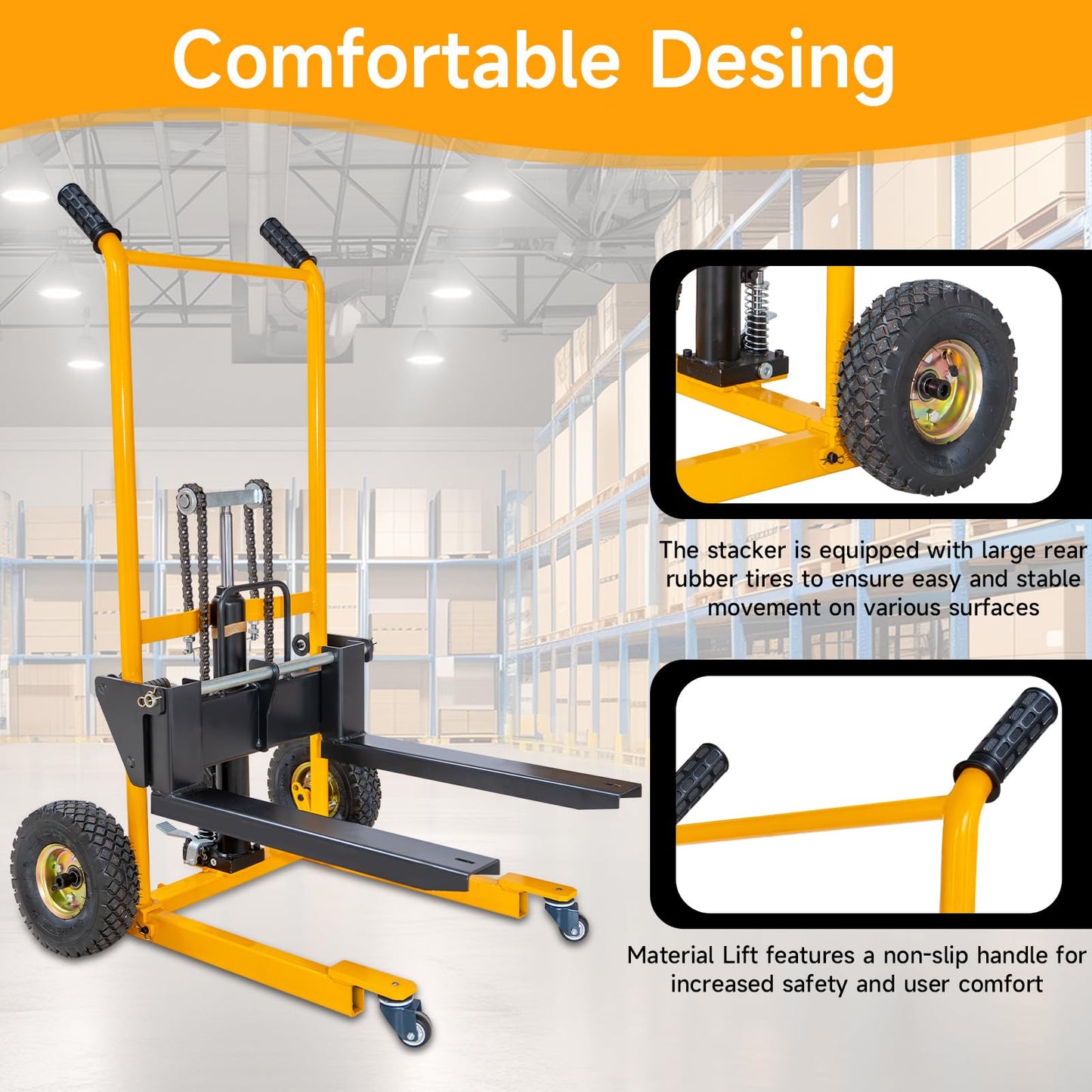 MMS Foldable Hydraulic Material Lift Winch Stacker, 450 Lbs 35.8" Max Lift w/ 9" Wheels 360° Swivel Casters, Pallet Truck Dolly, Fork Lift Table Cart, Pallet Jack, Removable Platform, Adjustable Forks