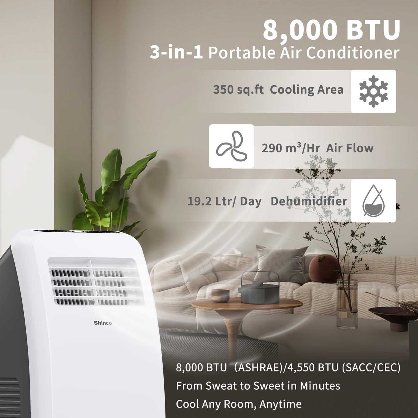 Shinco 8,000 BTU Portable Air Conditioner - 3-in-1 Cool/Dehumidifier/Fan for Rooms Up to 350 sq.ft, Remote Control & 24H Timer, Compact AC Unit for Bedroom/Office
