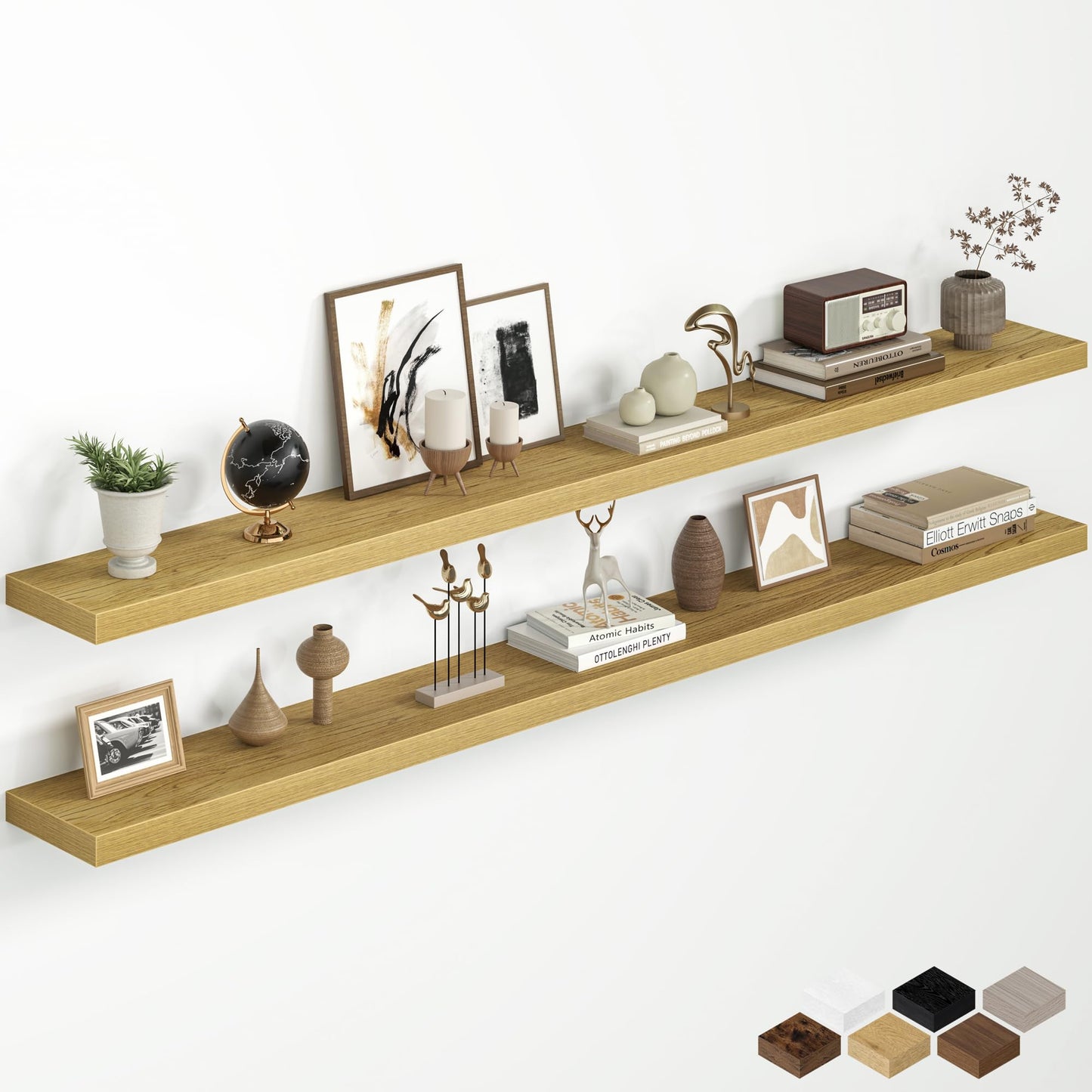 72 Inch Floating Shelves for Wall, Rustic Wood Wall Mounted Deep Storage Shelves with Invisible Brackets, Panoramic Decorative Display Ledge for Living Room Bedroom and Kitchen, Set of 2, Oak