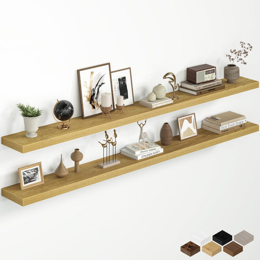 72 Inch Floating Shelves for Wall, Rustic Wood Wall Mounted Deep Storage Shelves with Invisible Brackets, Panoramic Decorative Display Ledge for Living Room Bedroom and Kitchen, Set of 2, Oak