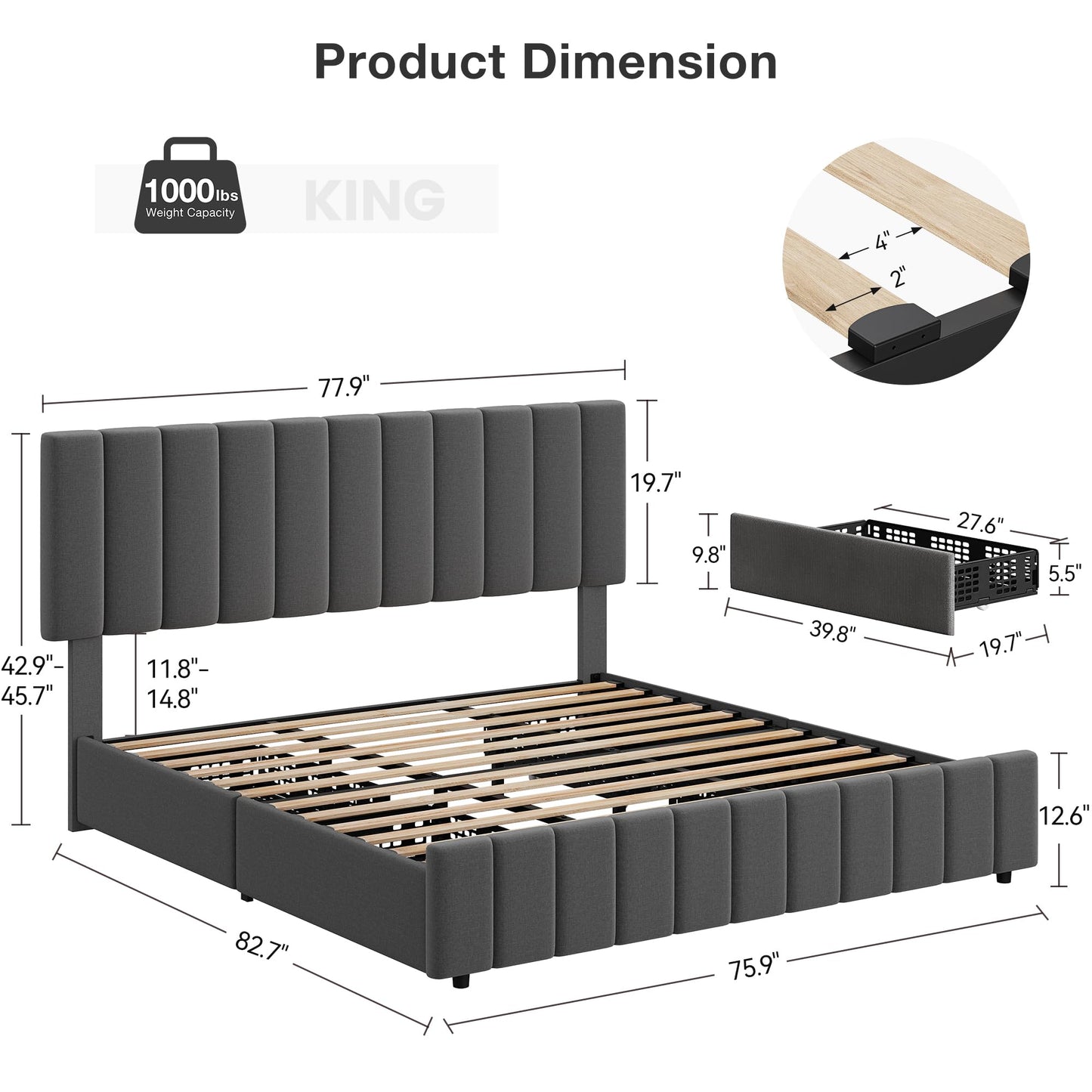 Garvee King Size Bed Frame, Linen Upholstered Platform Bed Frame with 4 Storage Drawers, Adjustable Height Headboard, No Box Spring Needed, Easy Assembly, Grey