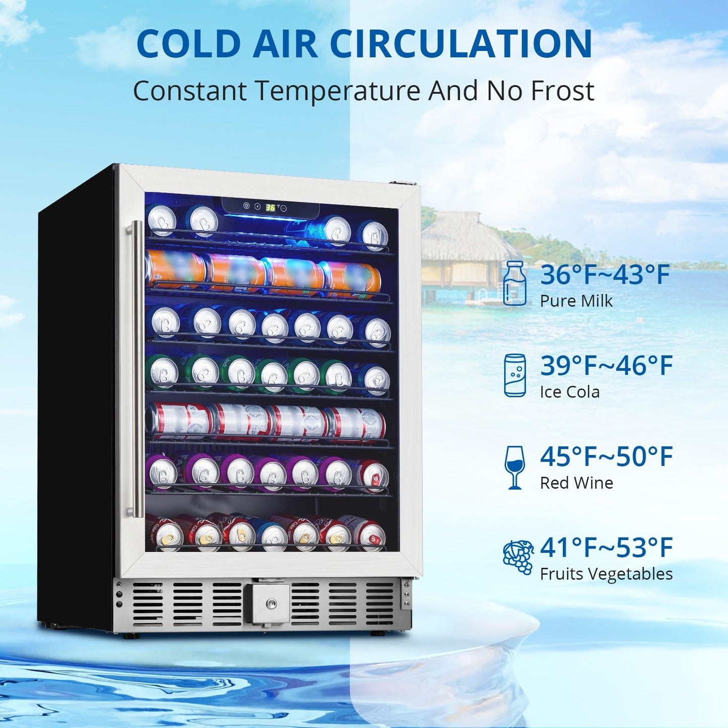 GarveeHome 24 in Beverage Refrigerator, 5.1 Cu.Ft Beverage Fridge, 166 Cans Capacity Drink Fridge with 36～60°F Adjustable Digital Temperature Control Compressor and Safety Lock