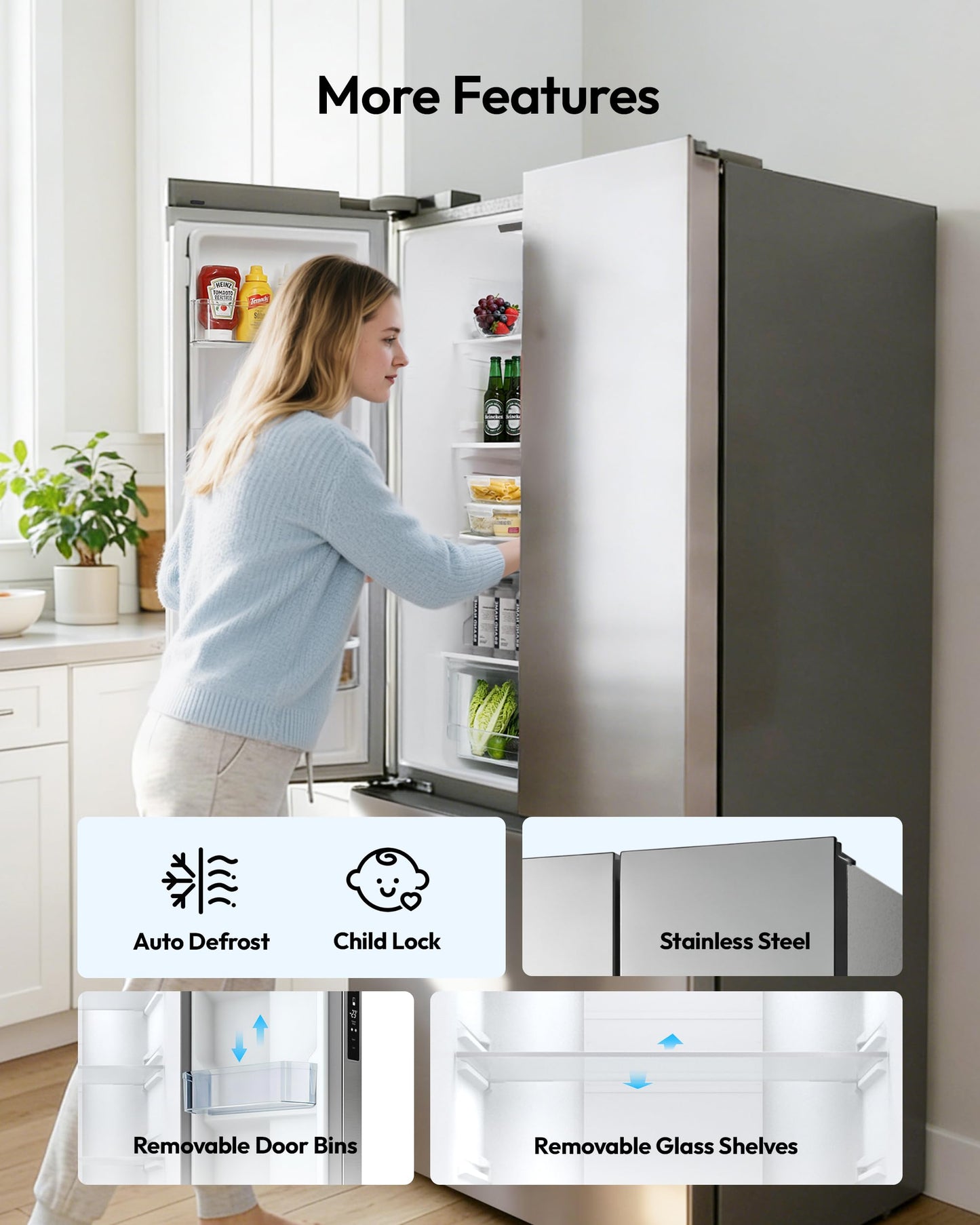 ICEVIVAL 18 Cu.Ft. French Door Refrigerator with Ice Maker, Refrigerator with Freezer Drawer, Frost-Free, UL Certified, French Door Fridge with 3 Smart Cooling Modes