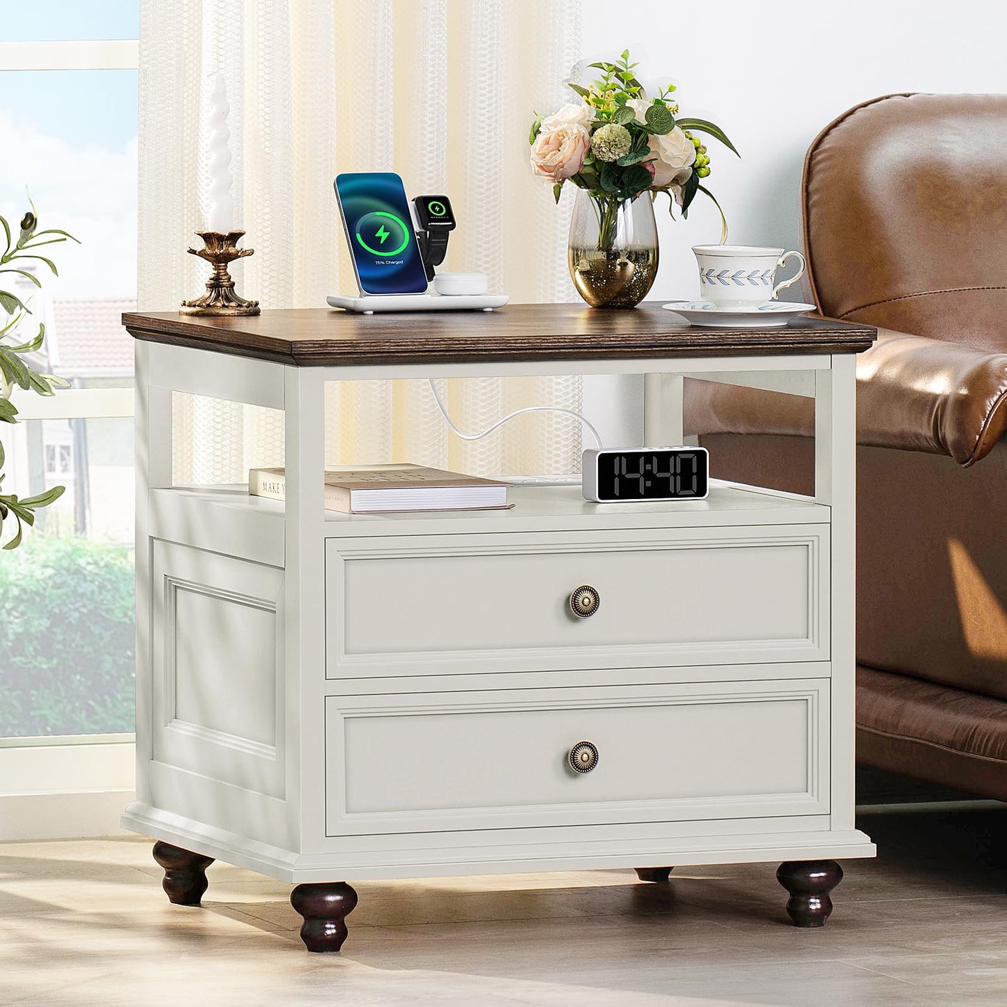 Joaxswe Farmhouse Nightstand Set of 2 with Charging Station, 24" Wide End Table with 2 Drawers,Dresser for Bedroom,Bed Side Table Chest of Drawers Cabinet,Wood White Night Stand for Living Room