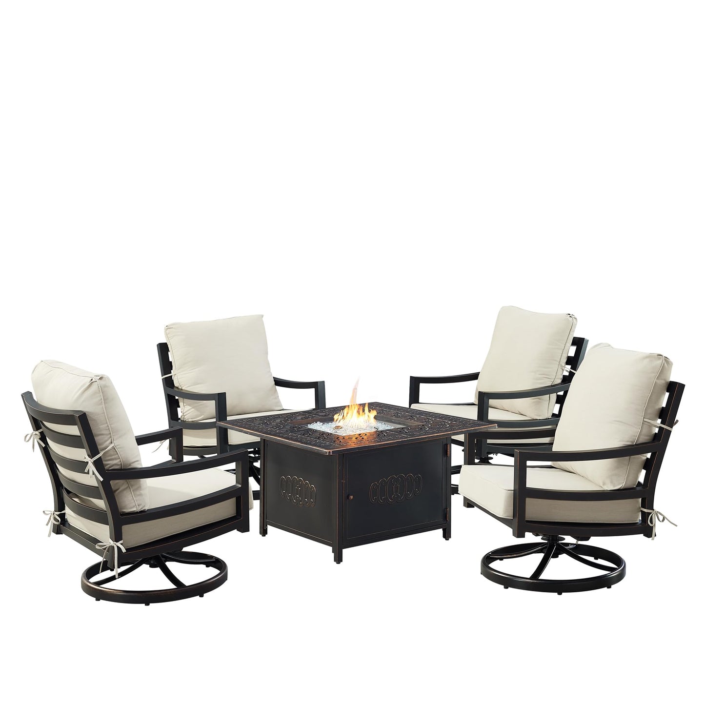Oakland Living Black Aluminum Patio Fire Table Set with Four Club Chairs with Light Grey Cushions