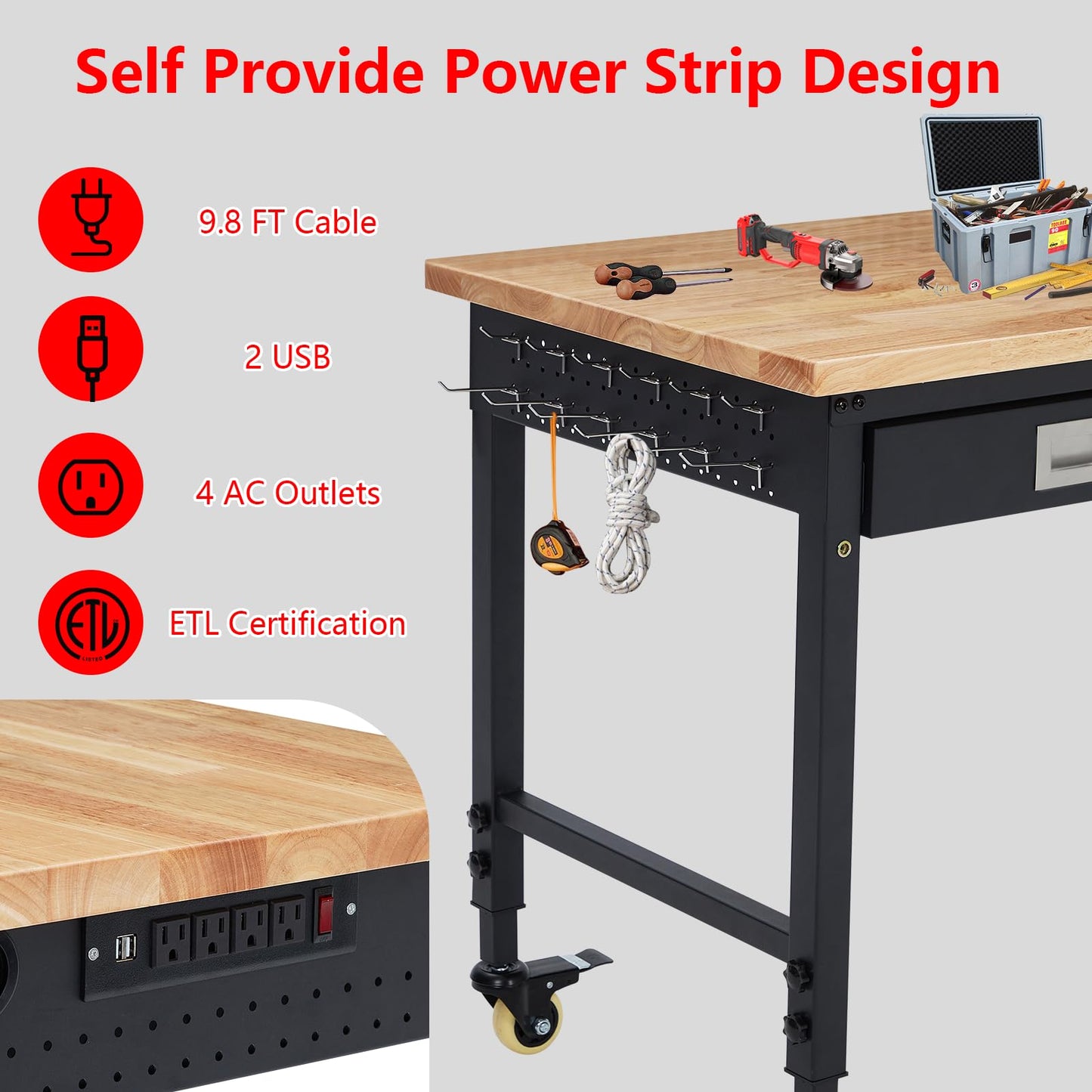 ACONEE 48" Adjustable Workbench for Garage, Heavy Duty Worktable with Drawer, 2000 LBs Load Capacity, Rubber Wood Workshop Bench with Power Outlet & 4 Lockable Wheels, 48x24x1.5 in Thick Rubber Top