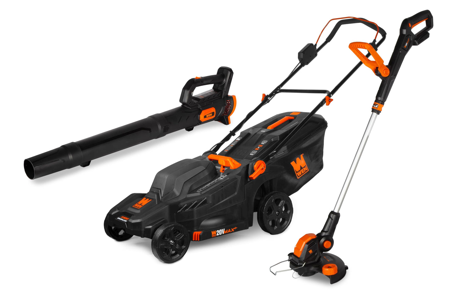 WEN 20V Max Cordless 19-Inch Lawn Mower, String Trimmer, and Leaf Blower Combo Kit with Two 5Ah Batteries and Dual Port Charger (20VK3TBM)