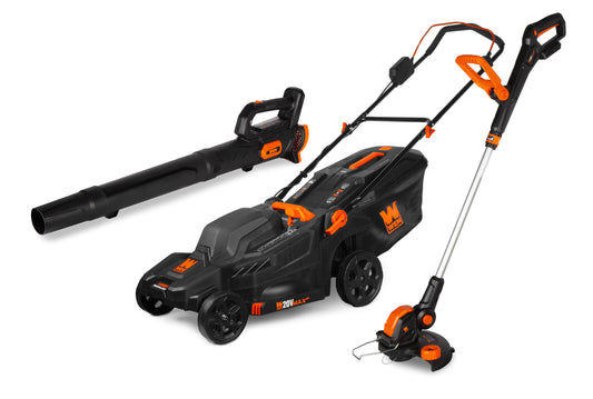 WEN 20V Max Cordless 19-Inch Lawn Mower, String Trimmer, and Leaf Blower Combo Kit with Two 5Ah Batteries and Dual Port Charger (20VK3TBM)