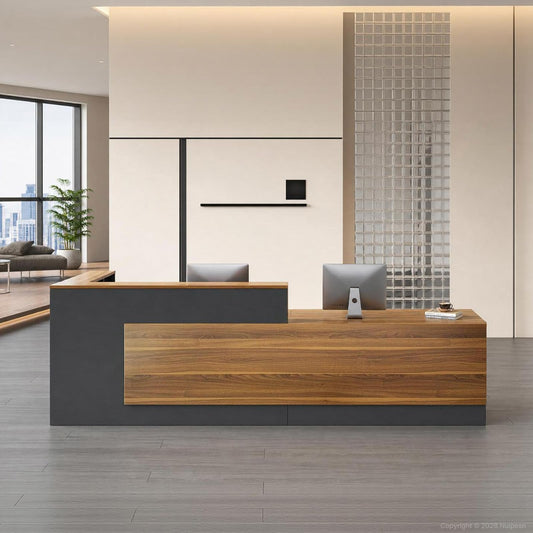 Nuipesn 94" Modern L-Shaped Reception Desk, Front Desk Counter with Drawer, Keyboard Tray and Storage Shelves, Right Layout, Dark Walnut