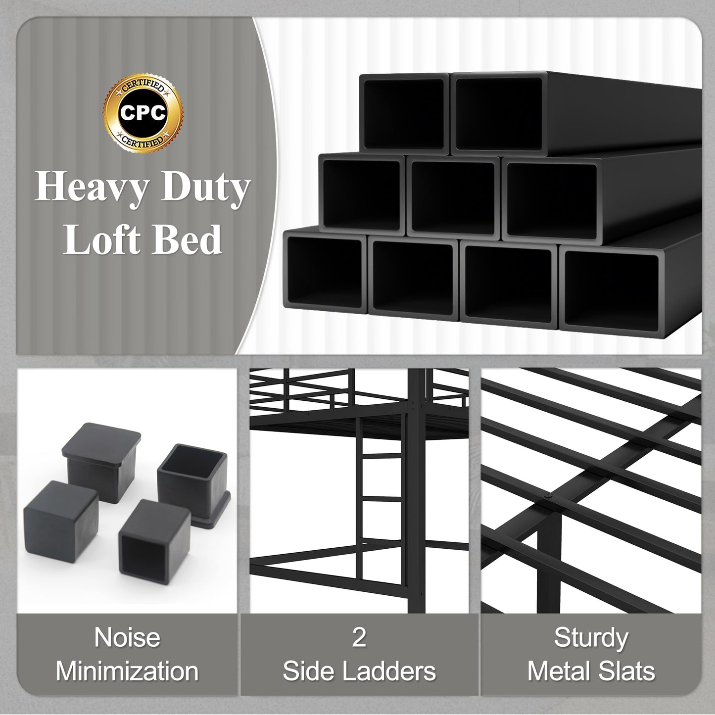 Metal Queen Size Loft Bed,Heavy Duty Loft Bed Frame Queen Size with 2 Ladders and Full Length Guardrails for Kids, Teens, Adults, Noise-Reducing,Space-Saving,Black