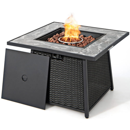 Tangkula 35 Inch Rattan Propane Gas Fire Pit Table, Patiojoy 50,000 BTU Outdoor Wicker Patio Propane Fire Pit w/Lid, Lava Rocks and PVC Cover, Auto-Ignition Square Firepit Table with Marble Tabletop
