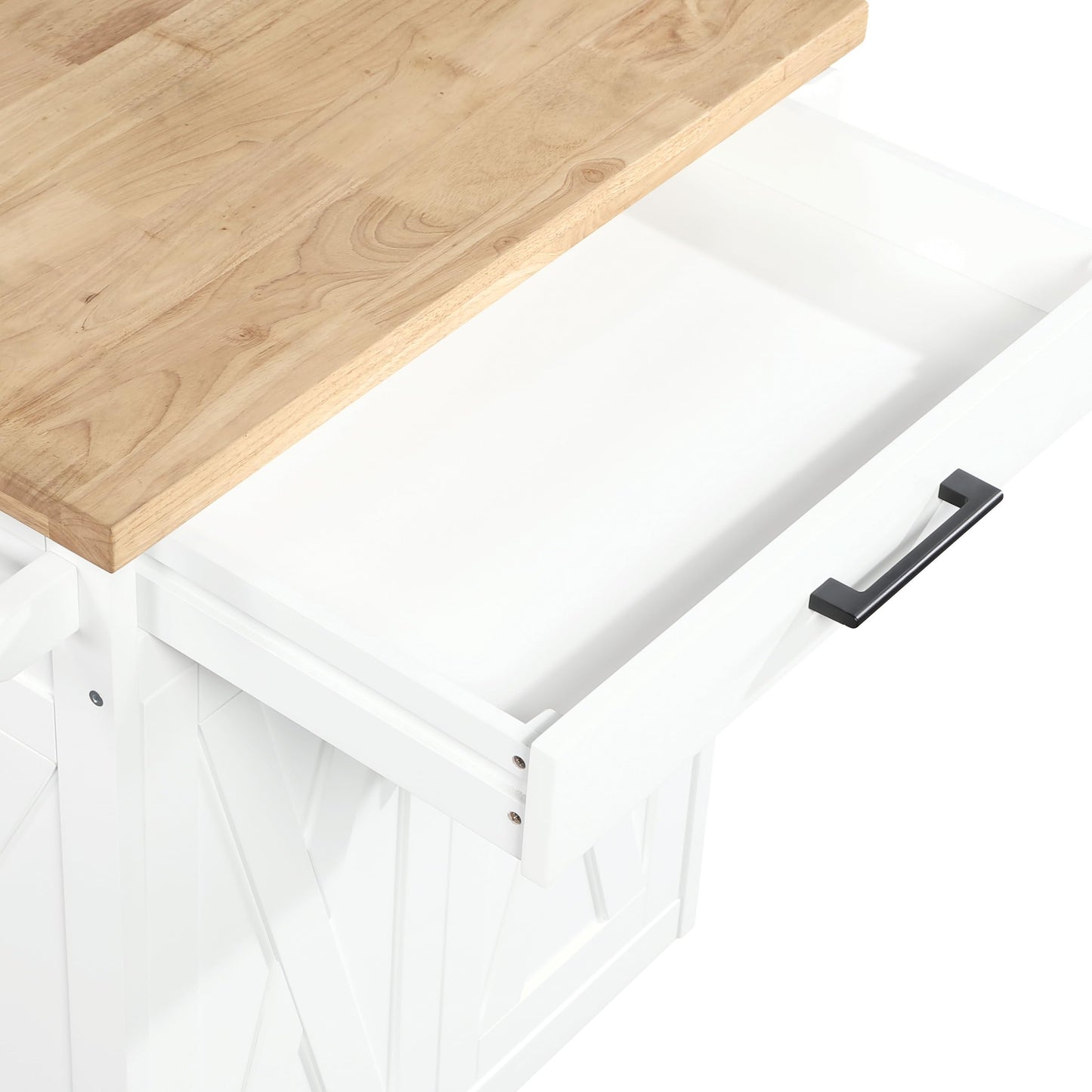 OSP Home Furnishings Bolten Farmhouse Kitchen Cart with Butcher Block Top, Rolling Island with Storage Cabinet and Drawer, 35.5H x 32W x 19D inches, White