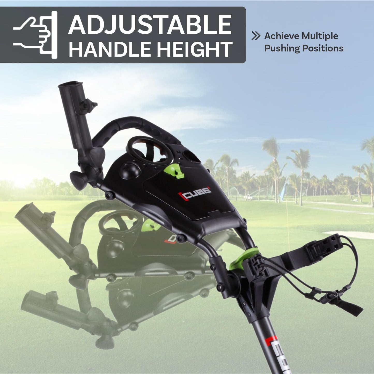 CUBE CART 3-Wheel Golf Push Cart – Ultra-Compact 14.5 lb Folding Golf Trolley, Two-Step Fold, Adjustable Handle, Foot Brake, Umbrella Holder & Built-in Storage - Charcoal/Lime