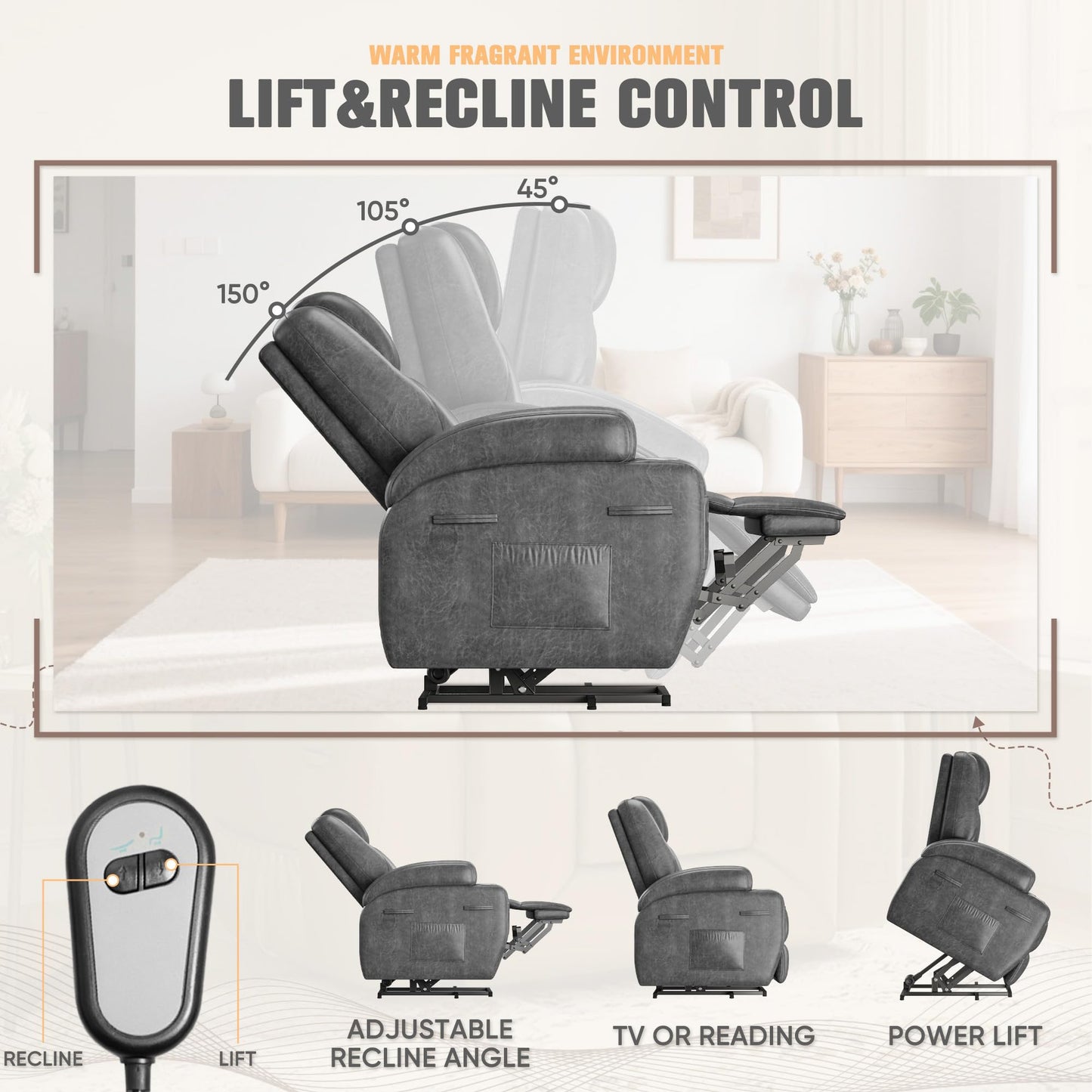 Flamaker Power Lift Recliner Chair Electric Lift Recliner for Elderly Power Lift Recliner Chair with Cup Holders Side Pockets for Living Room (Leathaire, Light Black)