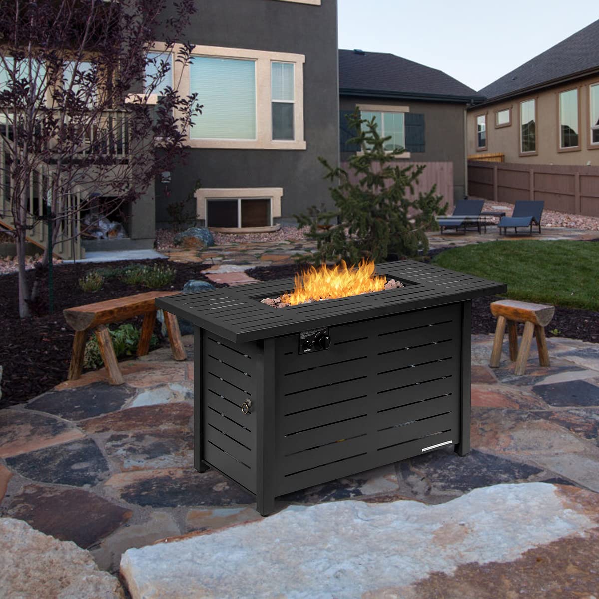 DORTALA 42'' Rectangular Propane Gas Fire Pit Table, 60,000 BTU Heater Outdoor Table W/Cover, Propane Heater, Burner Stove Fire Table for Outdoor Use, Black