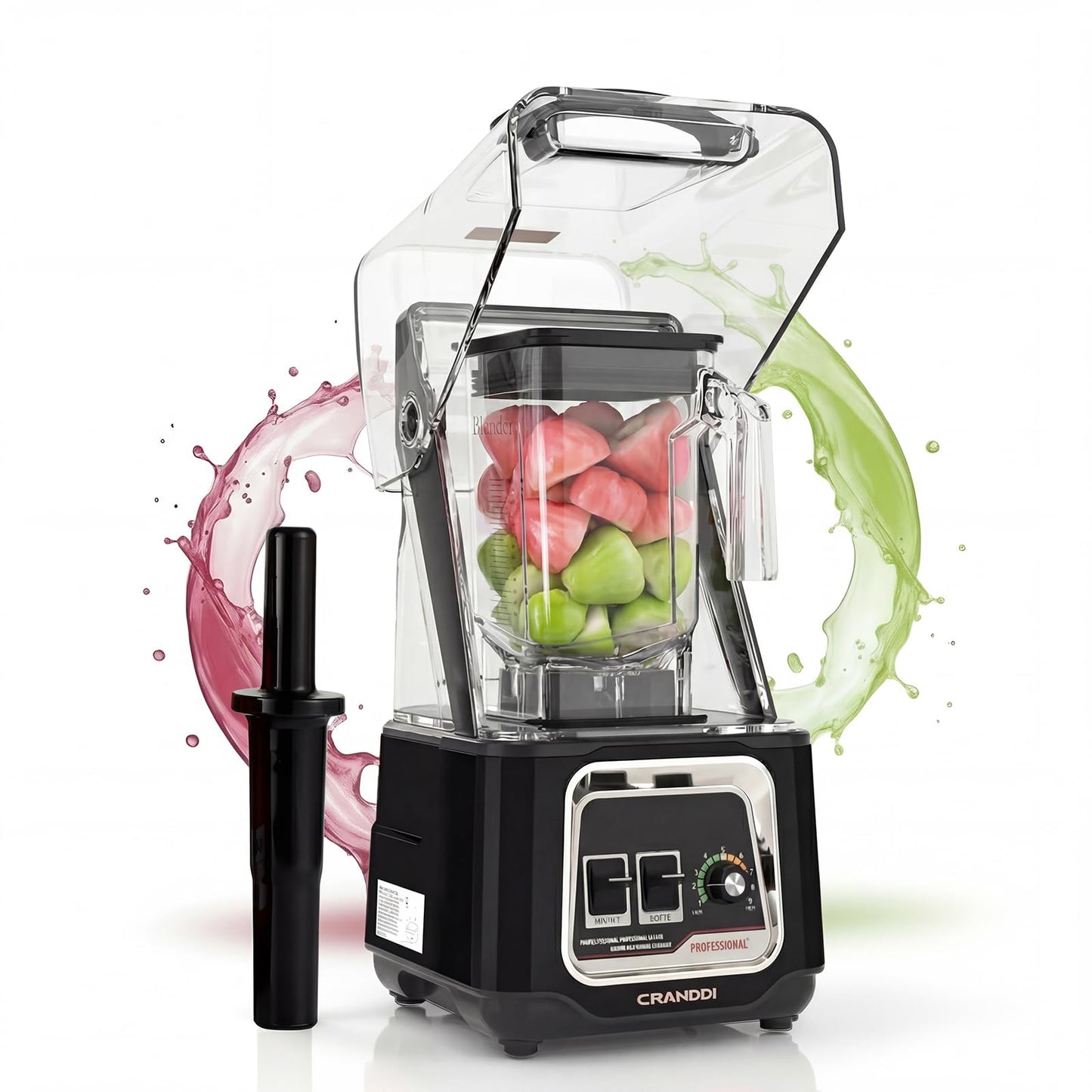 CRANDDI Professional Smoothie Blender, 2200W Commercial Soundproof Quiet blender with Removable Soundproof Shield for Crushing Ice, MilkShakes, Puree, Self-Cleaning, 50oz 110V K80 (Black)