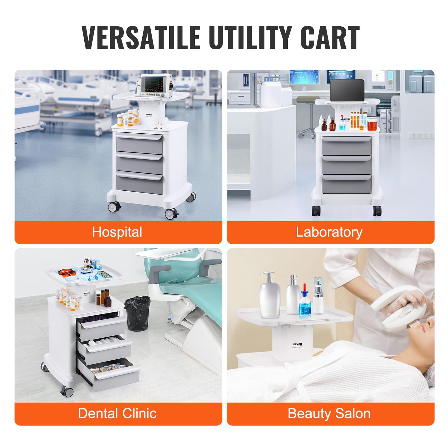 VEVOR 4 Tiers Lab Carts, Lab Utility Cart with 3 Drawers & 1 Top Tray, Mobile Medical Cart with ABS Material, Lab Rolling Cart with 4 Silent Wheels for Lab, Clinic, Hospital, Salon, White