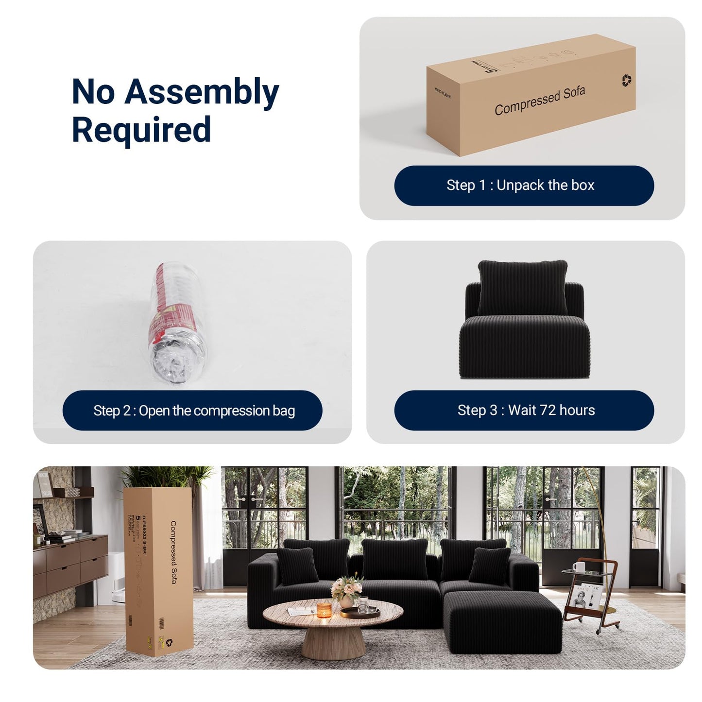 Avenco 141” U-Shaped Modular Sectional Couch Sofa with 4 Ottomans, Individually Wrapped Coil Support & Corduroy Fabric, Zero Assembly 8-Piece Set for Spacious Living Room, Black