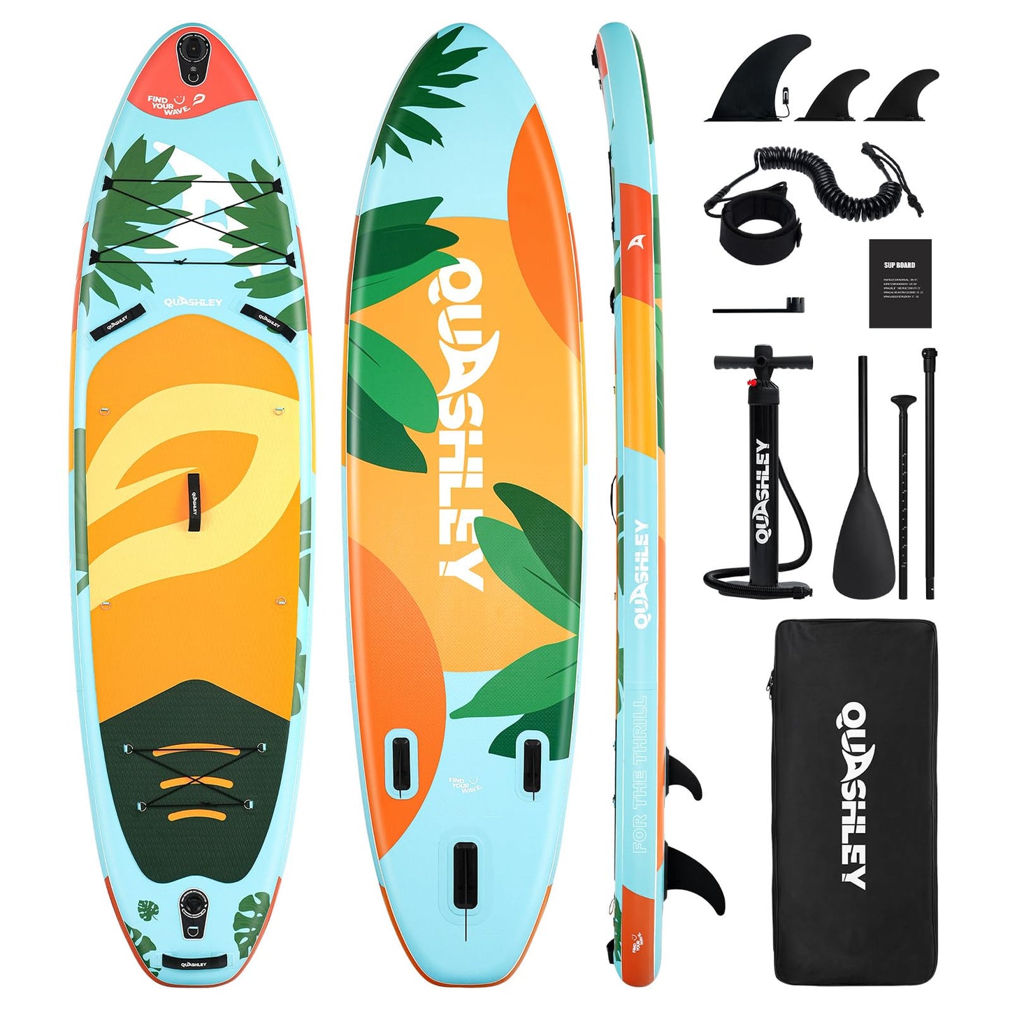 Quashley Inflatable Paddle Board 11ft?4 inch Extra Wider Stand Up Paddle Board Stable Inflatable SUP with 10L Waterproof Bag,Pump,Paddle,3 Removable Fins Leaf