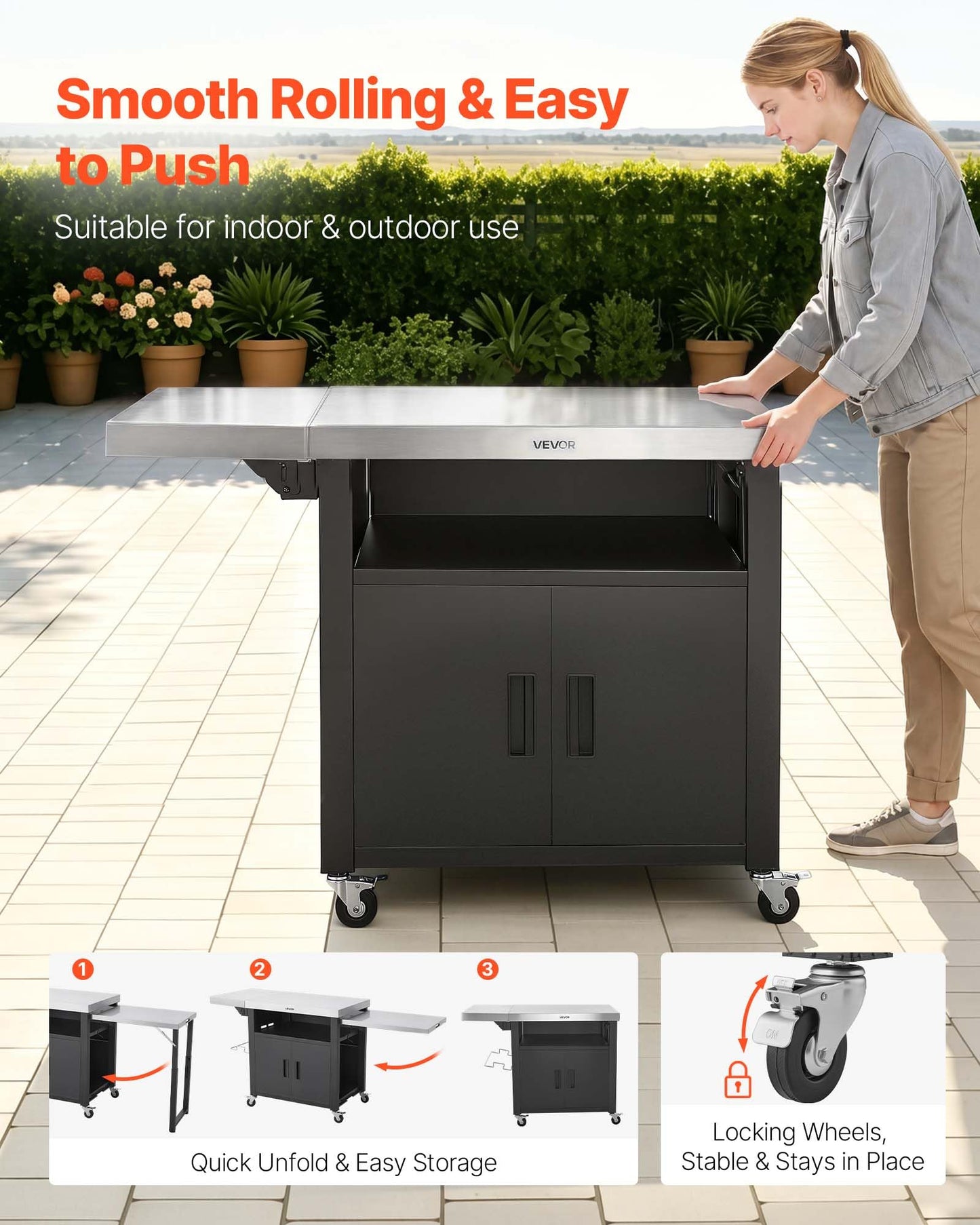VEVOR Outdoor Grill Cart with Storage Cabinet, 74.8 Inch Grill Table, Waterproof Kitchen Island with Stainless Steel Top, Pull-Out Plate, Wheels, Movable Food Prep Station for Patio Bar Backyard BBQ