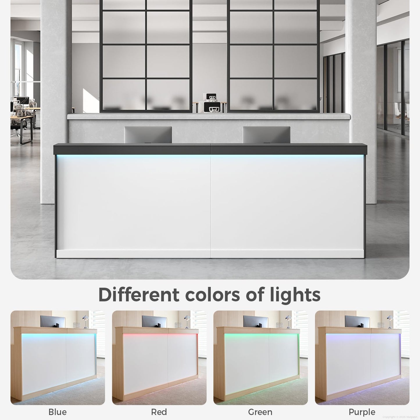 Modern Reception Desk with Counter, LED Light, Lockable Drawers, and Storage Shelves for Office, Spa, Salon, or Retail Store (Gray, 87" L*24" W*40" H)