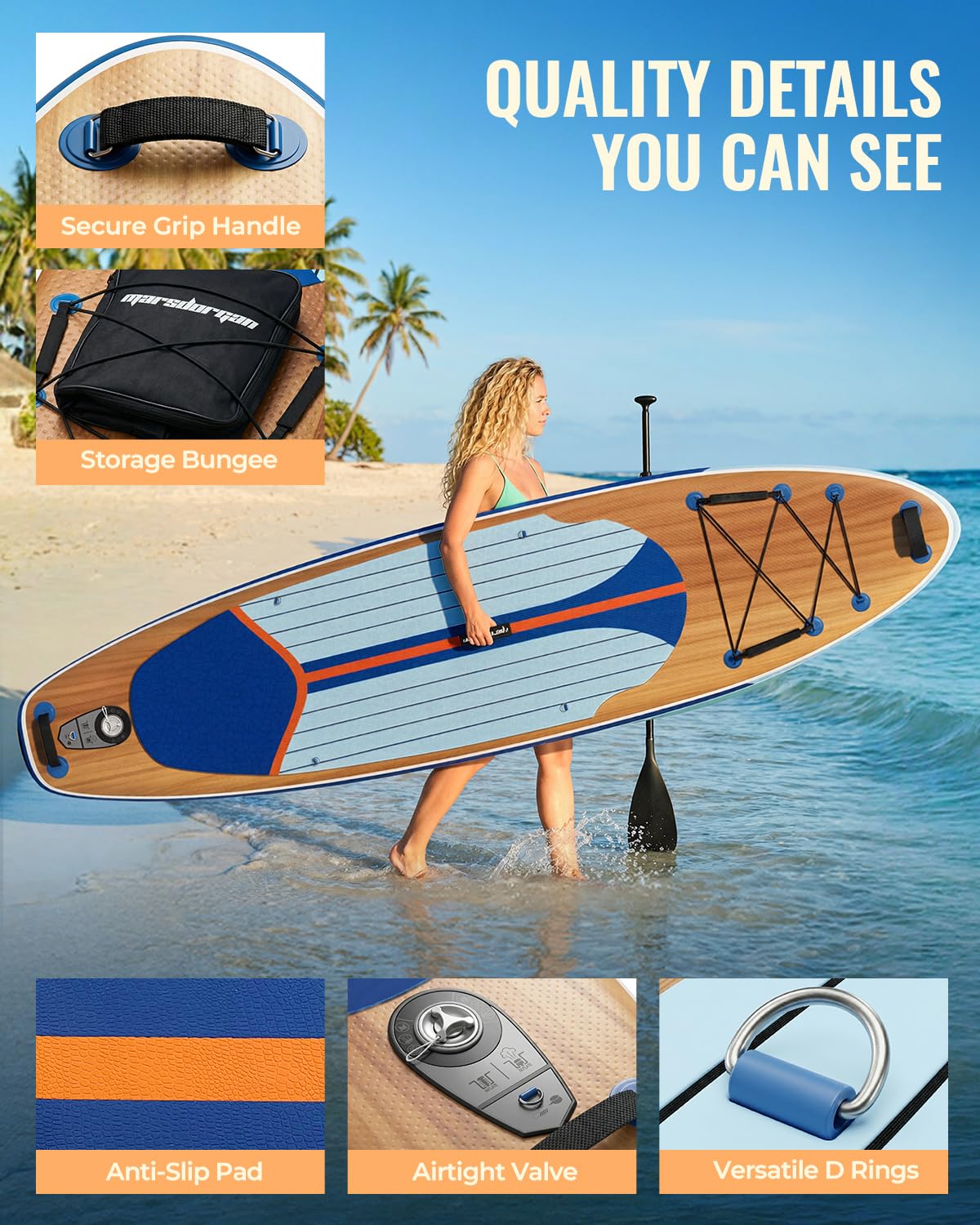 Marsdorgan 11' Inflatable Paddle Board Dark Oak with Seat | Extra Wide SUP Non-Slip Deck, 360° Leash | Stable for Family Lake Ocean, Includes 10L Dry Bag
