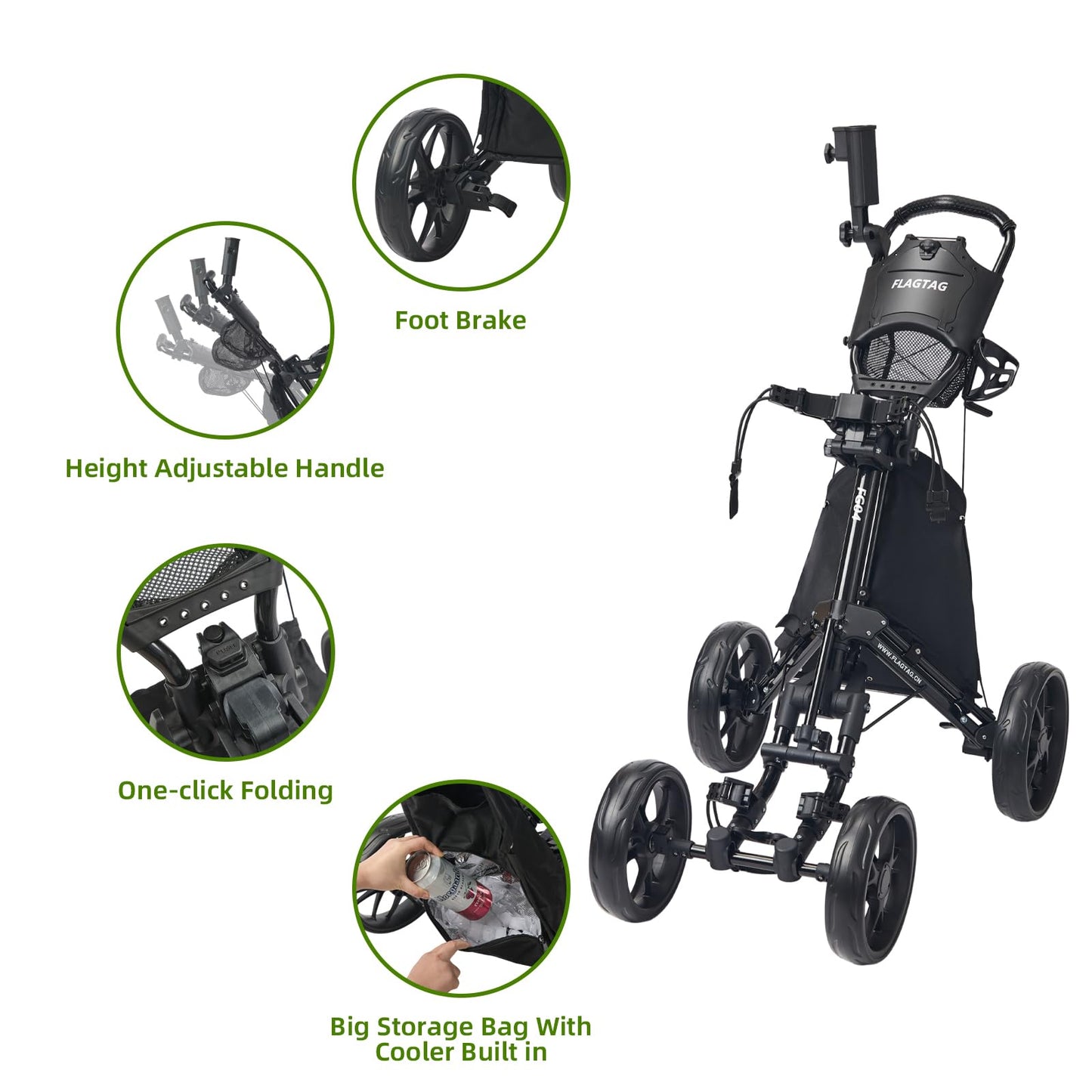 FLAGTAG Golf Push Cart 4 Wheels,Folding Golf Cart, Golf Pull cart with Cup Holder,Umbrella Holder,Cooler Bag, Foldable with one-Click,Handle Height Adjustable,Drink Holder,Walking Push cart