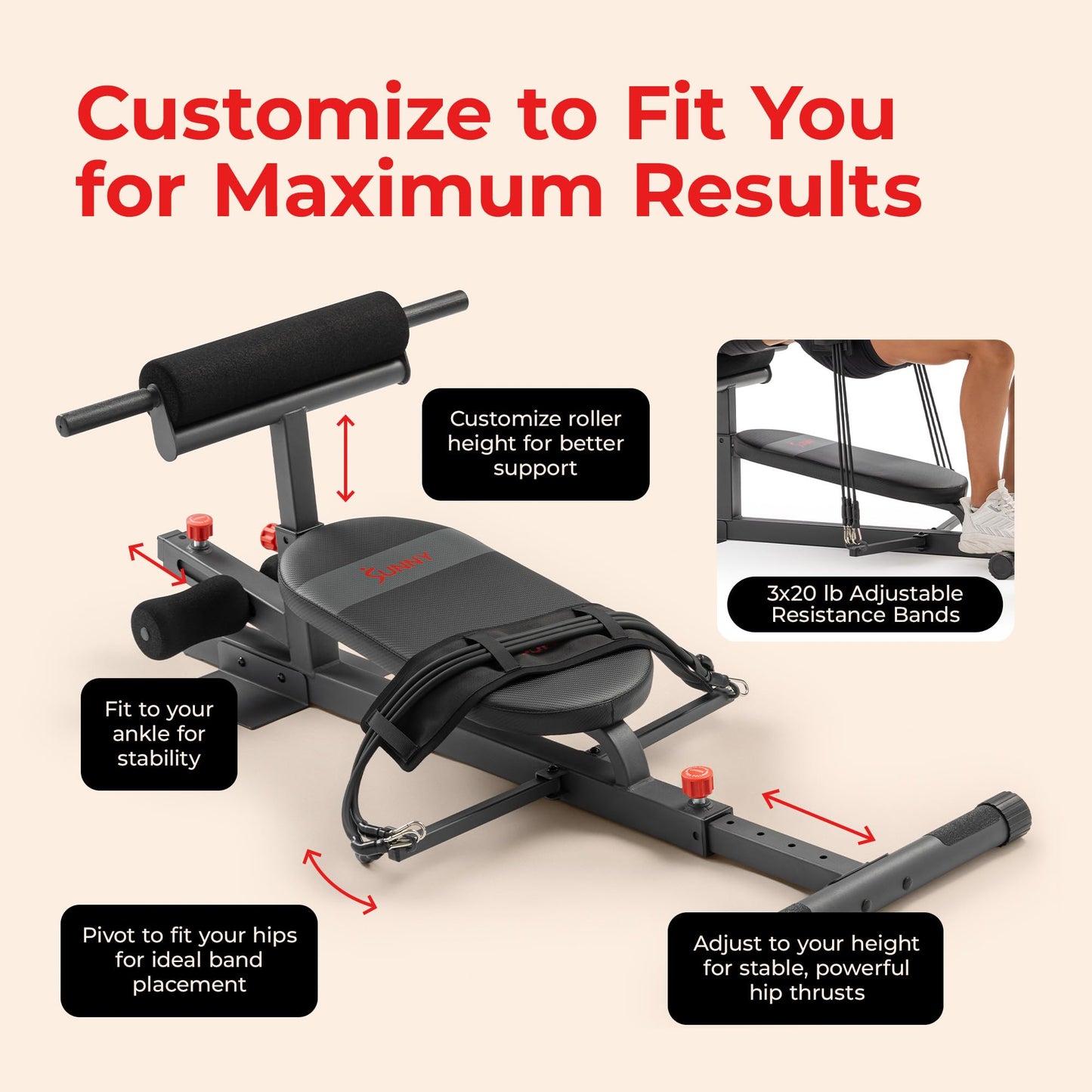Sunny Health & Fitness Hip Thrust Machine for Home Gym, Multifunction Glute Trainer & Squat Machine, Core Workout Equipment with Resistance Bands, Adjustable Space-Saving Design