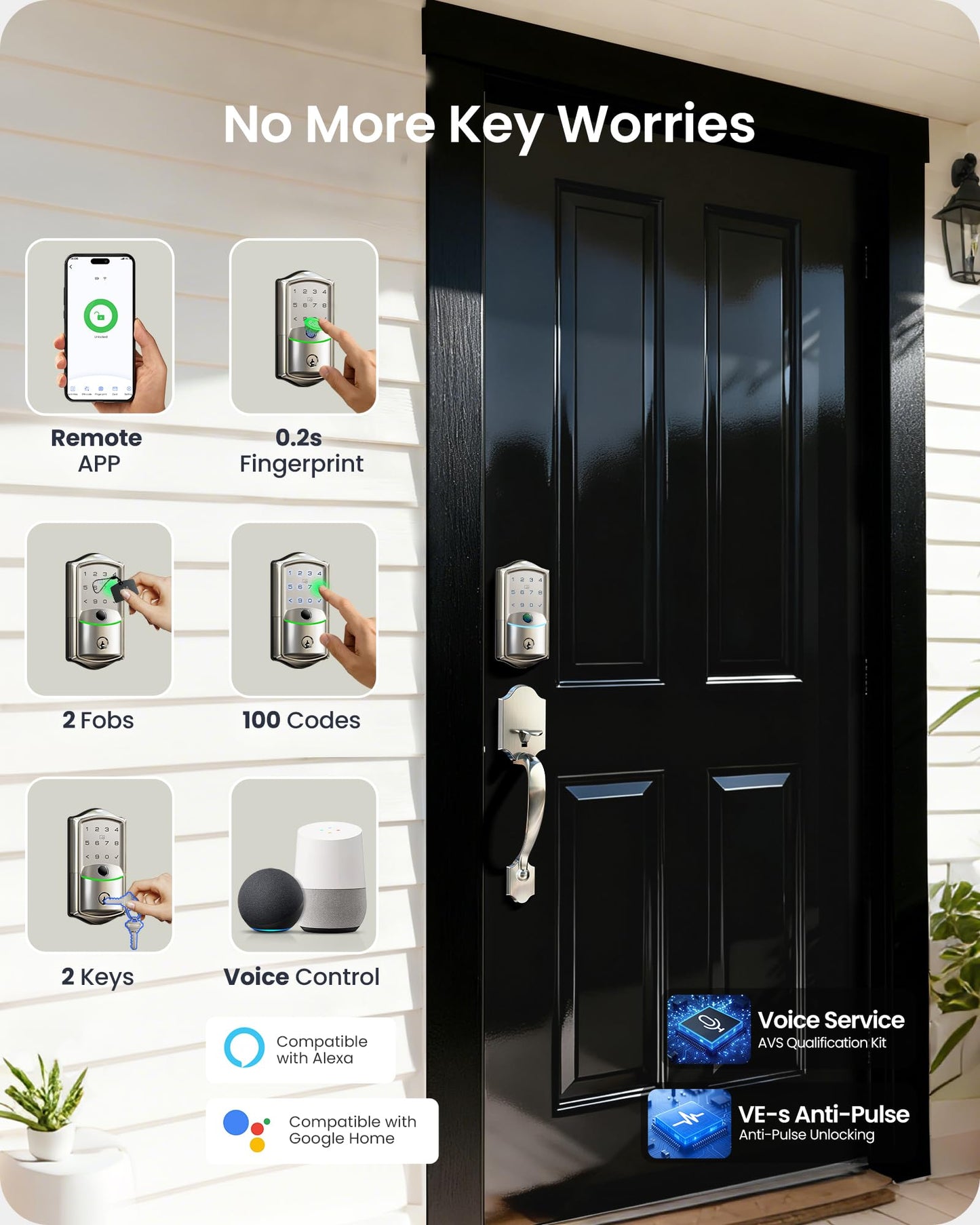Veise VE027-H Built-in Wi-Fi Fingerprint Smart Deadbolt Lock with Handleset, App Remote & Voice Control, Keyless Entry Front Door Lock Set, Touchscreen Keypad, Auto-Lock, Easy Setup, Satin Nickel