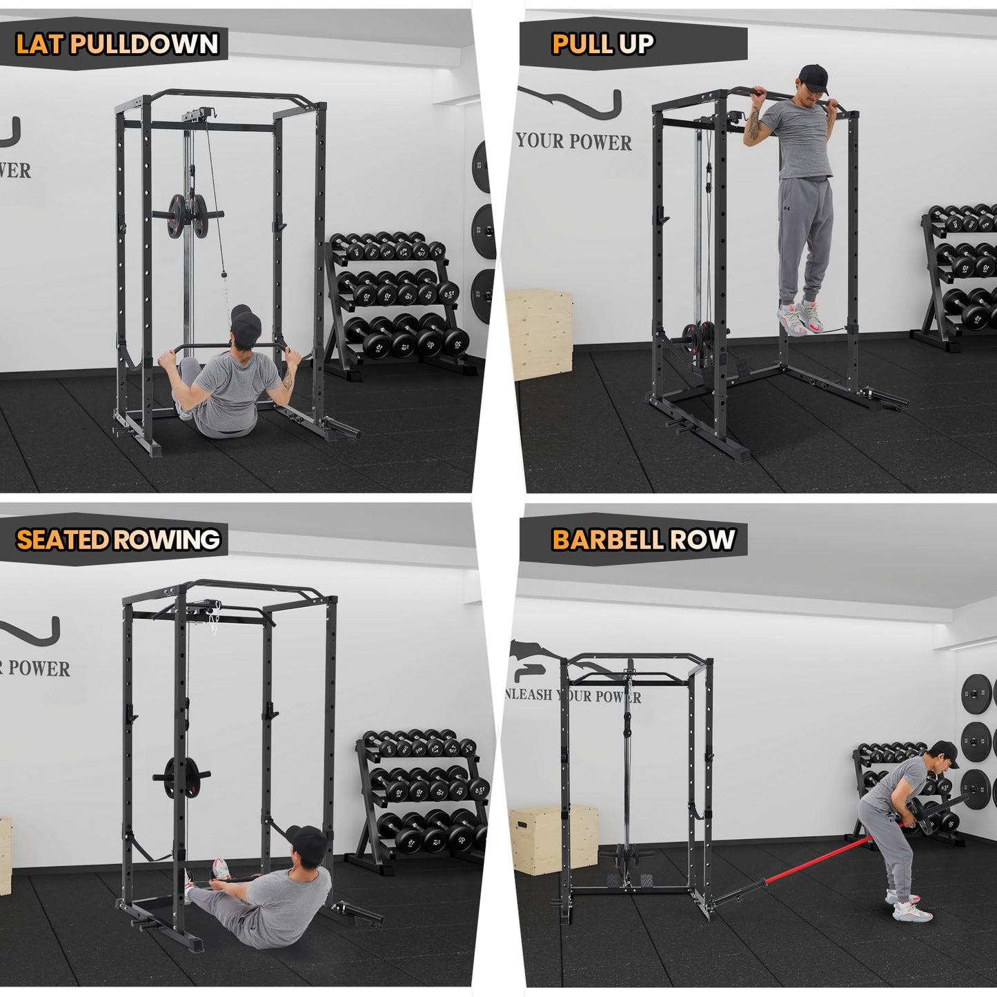 Power Cage with LAT Pulldown Machine - Squat Rack for Home Gym, Multi-Functional Weight Cage with Cable Pulley System, Dip Bars & Landmine Attachment