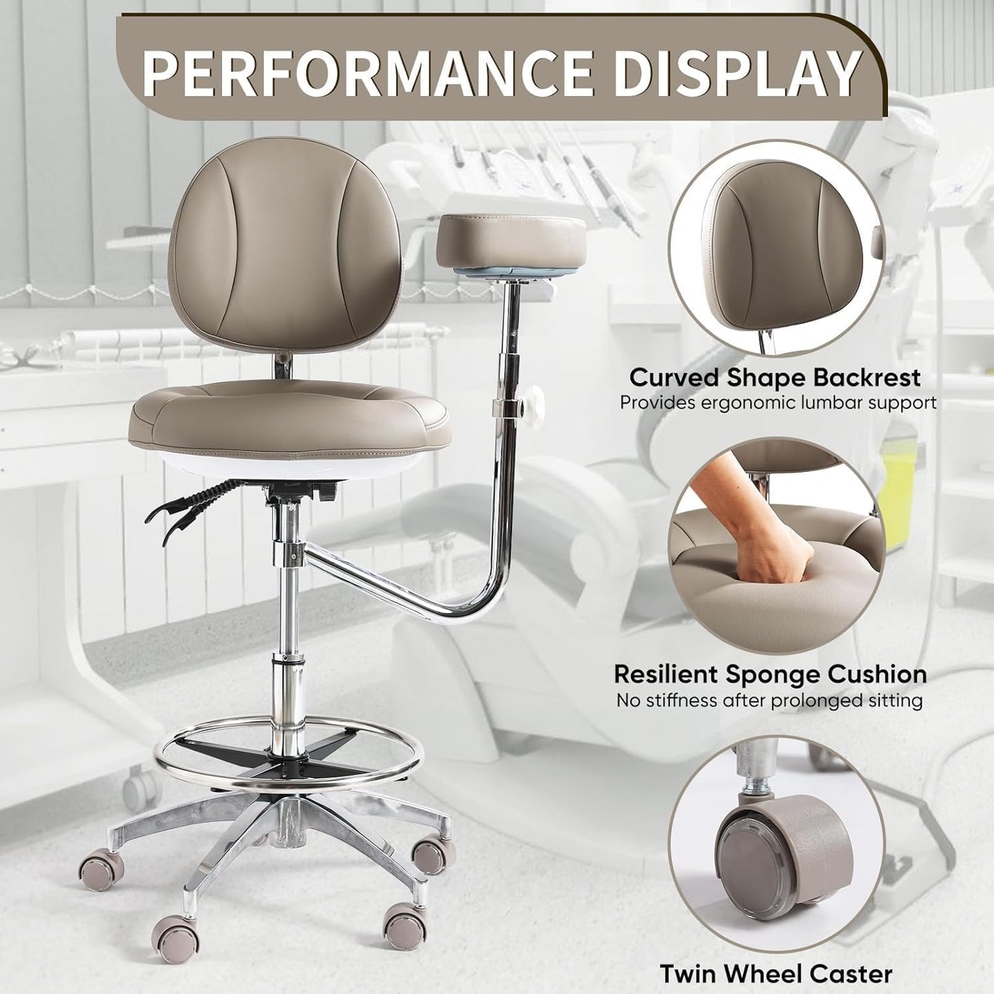 Professional Dental Stool with Adjustable Armrest & 125° Synchro Tilt-Back – Height Adjustable Rolling Medical Chair with Lumbar Support, 400 lbs Capacity – for Dentist, Hygienist, Tattoo, Salon-Grey