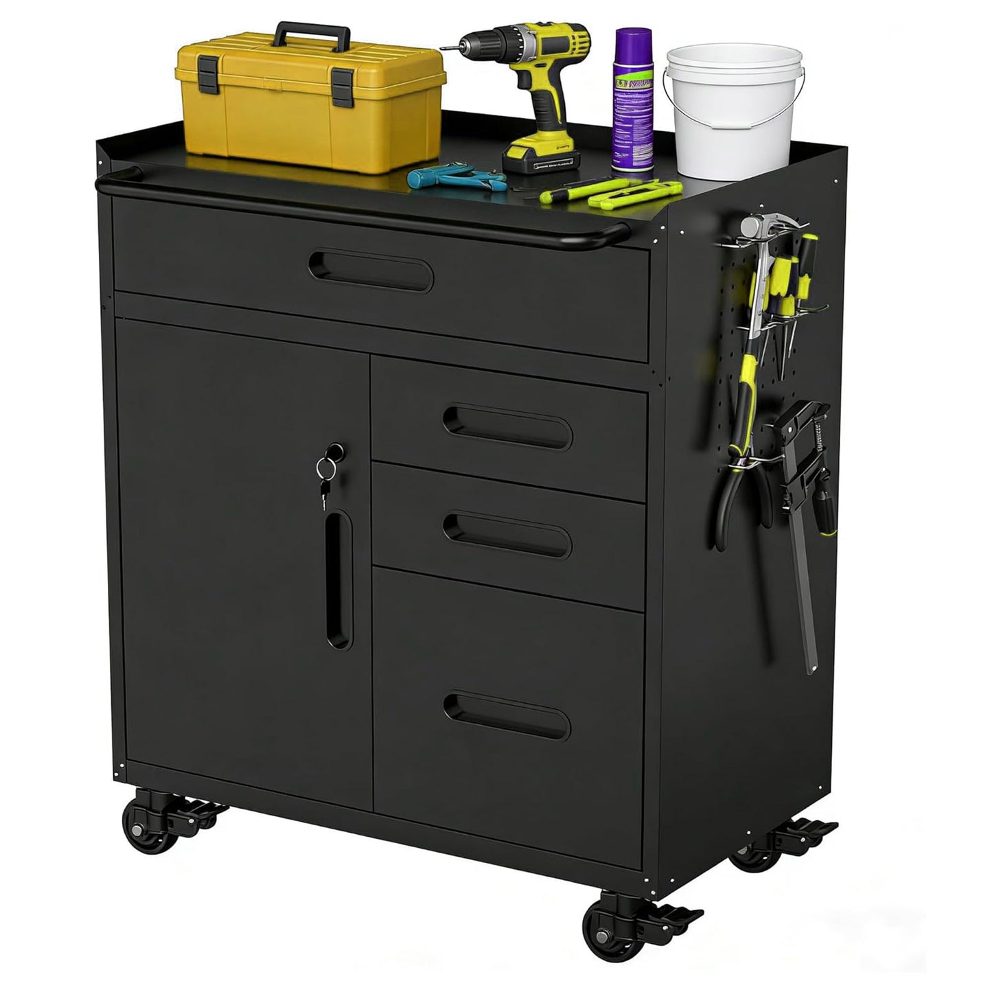 EKJ Metal Garage Storage Cabinet on Wheels, Lockable Rolling Tool Cabinet with Doors and 4 Drawers, Heavy Duty Mobile Steel Cabinet for Garage Warehouse Workshop