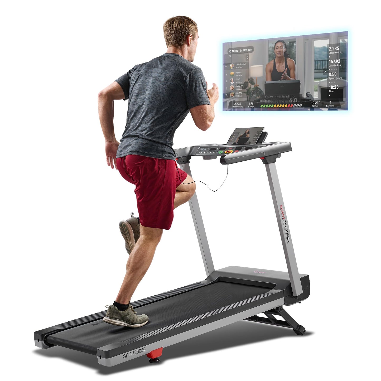 Sunny Health & Fitness Foldable 15 Level Auto Incline Treadmill, 20" Wide Running Belt, Quiet Brushless, Digital Display, 300 LB Weight Capacity, SunnyFit App Bluetooth Connection