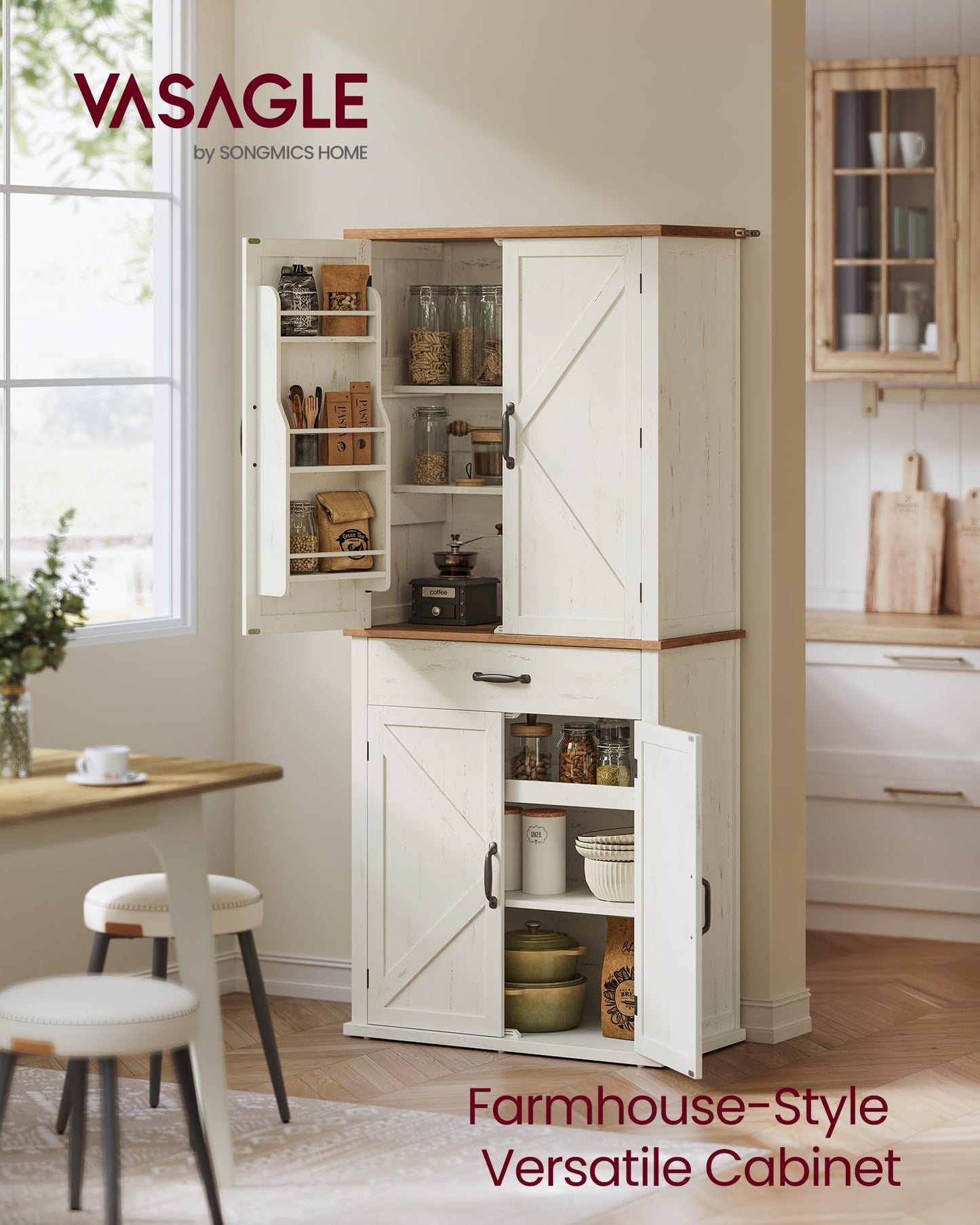 VASAGLE LIRY Collection - Pantry Cabinet, 70.3-Inch Tall Farmhouse Kitchen Storage Cabinet with Barn Doors, Drawer, Tray, Adjustable Shelves, for Kitchen, Dining Room, Rustic White UBBK364WJ01S