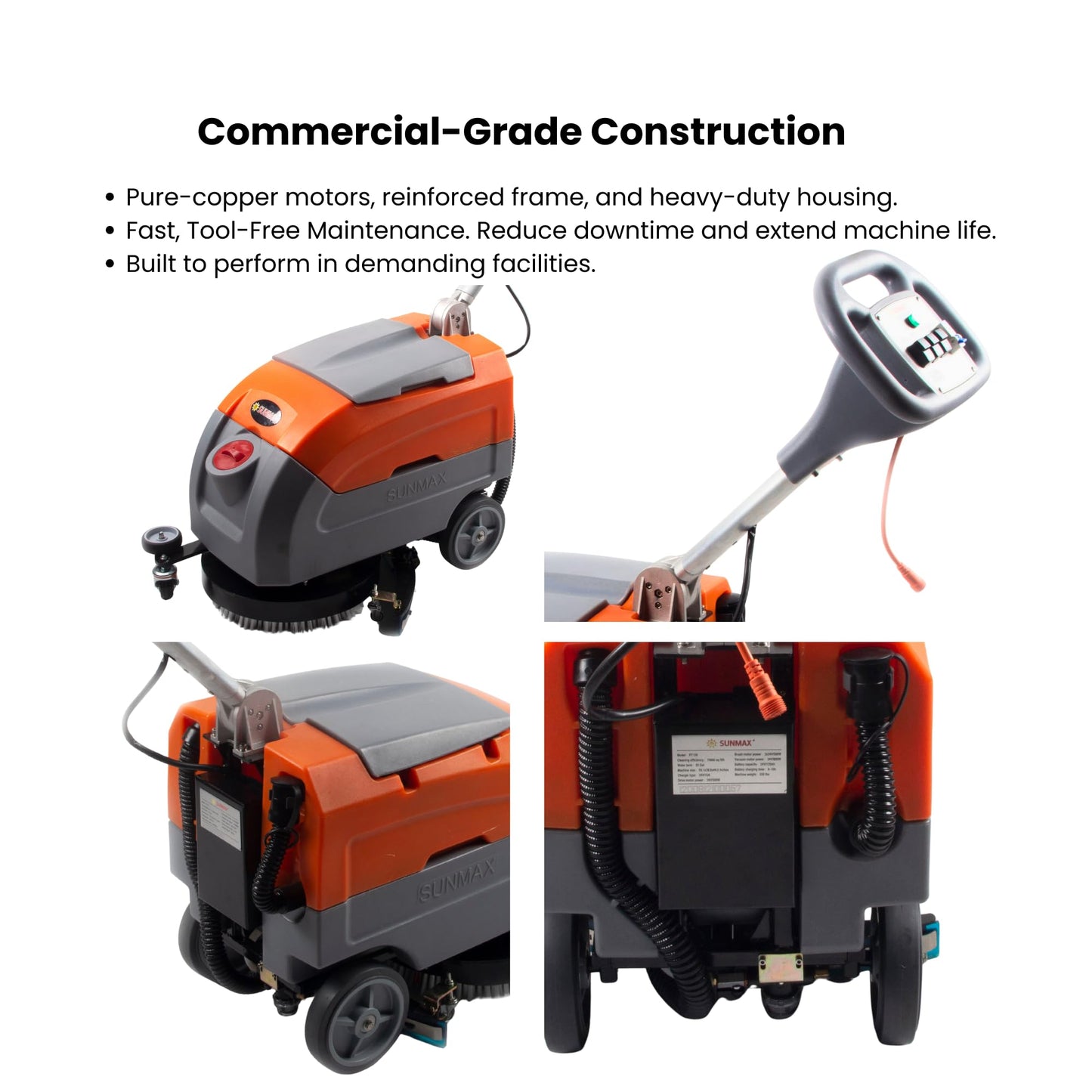 Sunmax RT35AC 17" Electric Walk-Behind Floor Scrubber, 7.9/9.2-Gal Dual Tank System, Orange/Gray, 26ft 110V Corded Commercial Floor Cleaning Machine