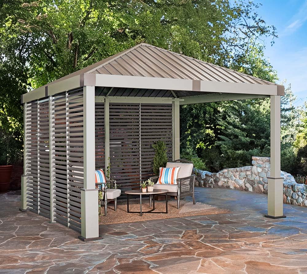 Sojag 12' x 12' Nanda Hardtop Gazebo Outdoor Weather-Resistant Aluminum Frame Shelter with Mosquito Net Champagne