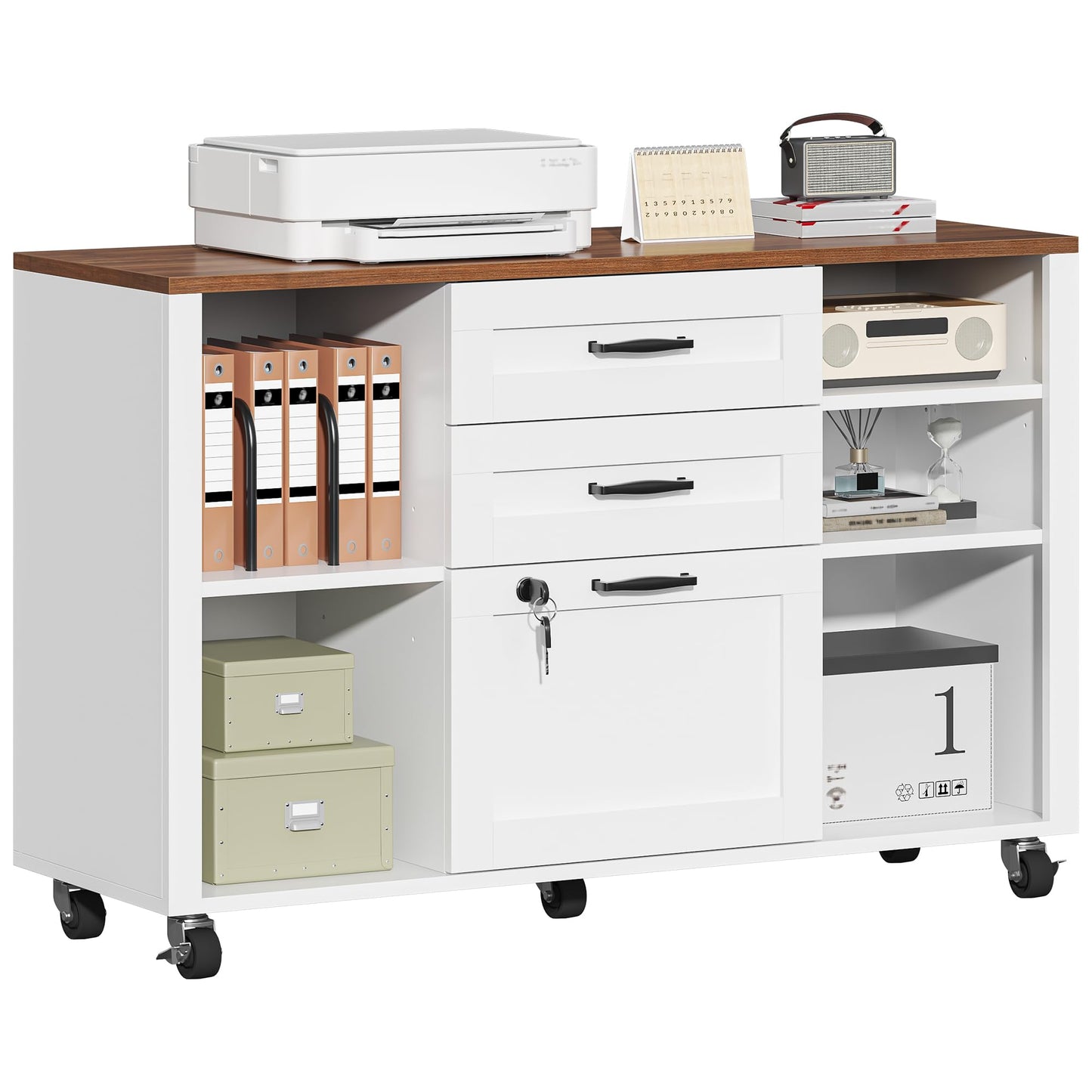 kepptory 3 Drawer Wood Mobile Large lateral File Cabinet with Lock, Lockable Rolling Filing Cabinet with Open Storage Shelves, Printer Stand Office Storage for Home Office Fits Files Legal/A4, White