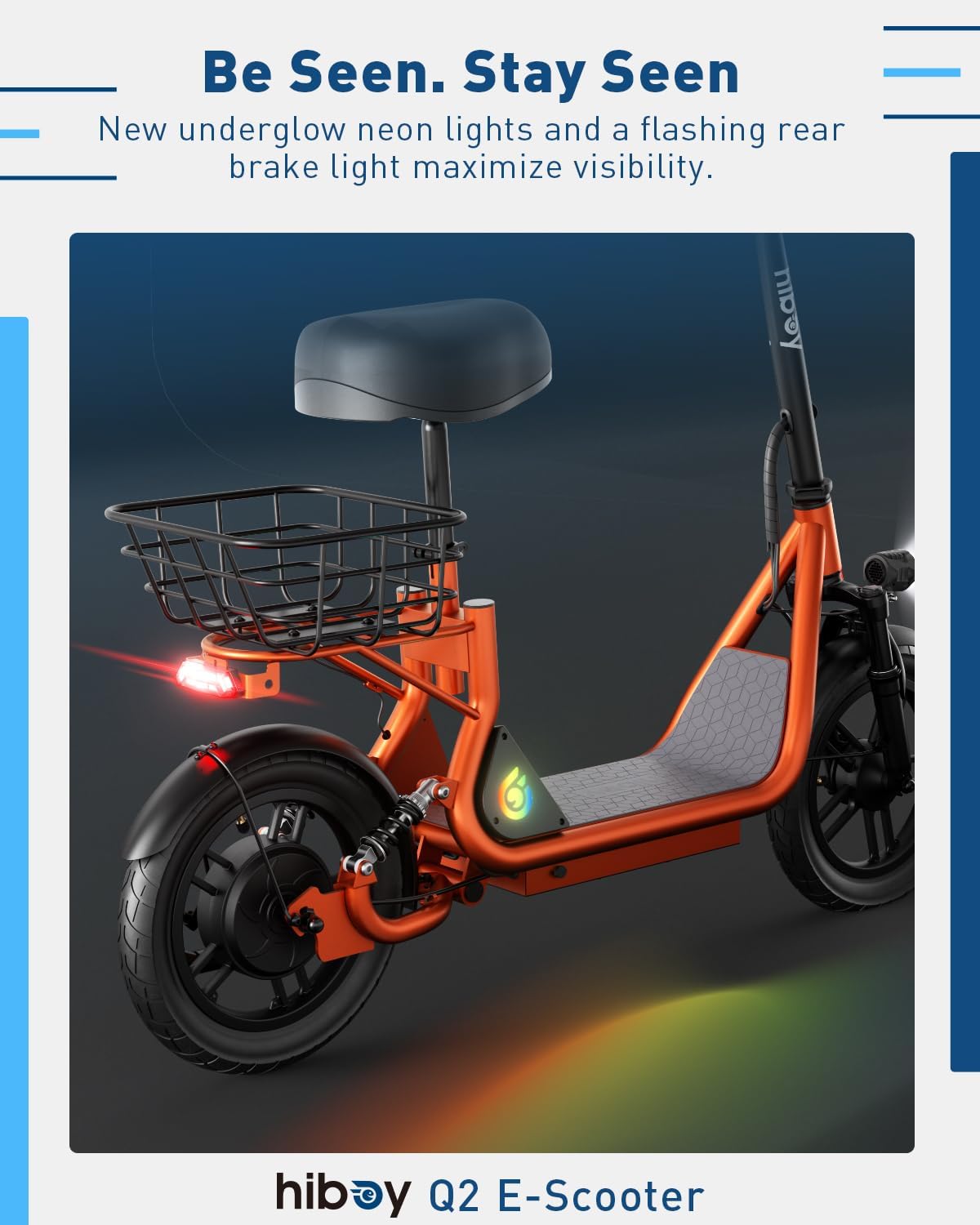 Hiboy Q2 Adult Electric Scooter with Seat & Phone Holder – 500W Motor, 22mi Range, 14" Wheels, Dual Suspension, Neon Lights, Foldable for Commute, Flame Orange