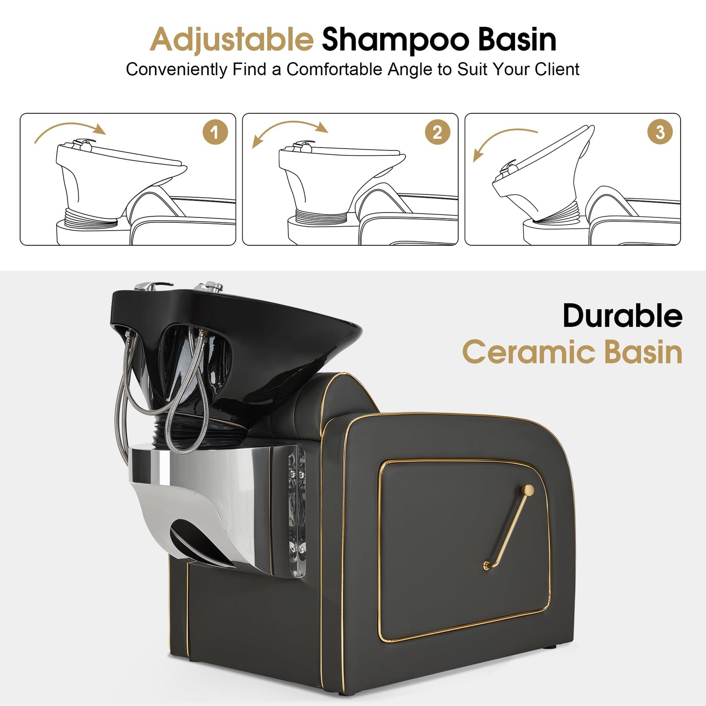 BarberPub Backwash Shampoo Chair and Bowl Set, Adjustable Porcelain Ceramic Wash Bowl Sink Unit, Luxurious Shampoo Station Chair for Spa Beauty Salon Hair Salon 9175 (Luxurious, Grey)