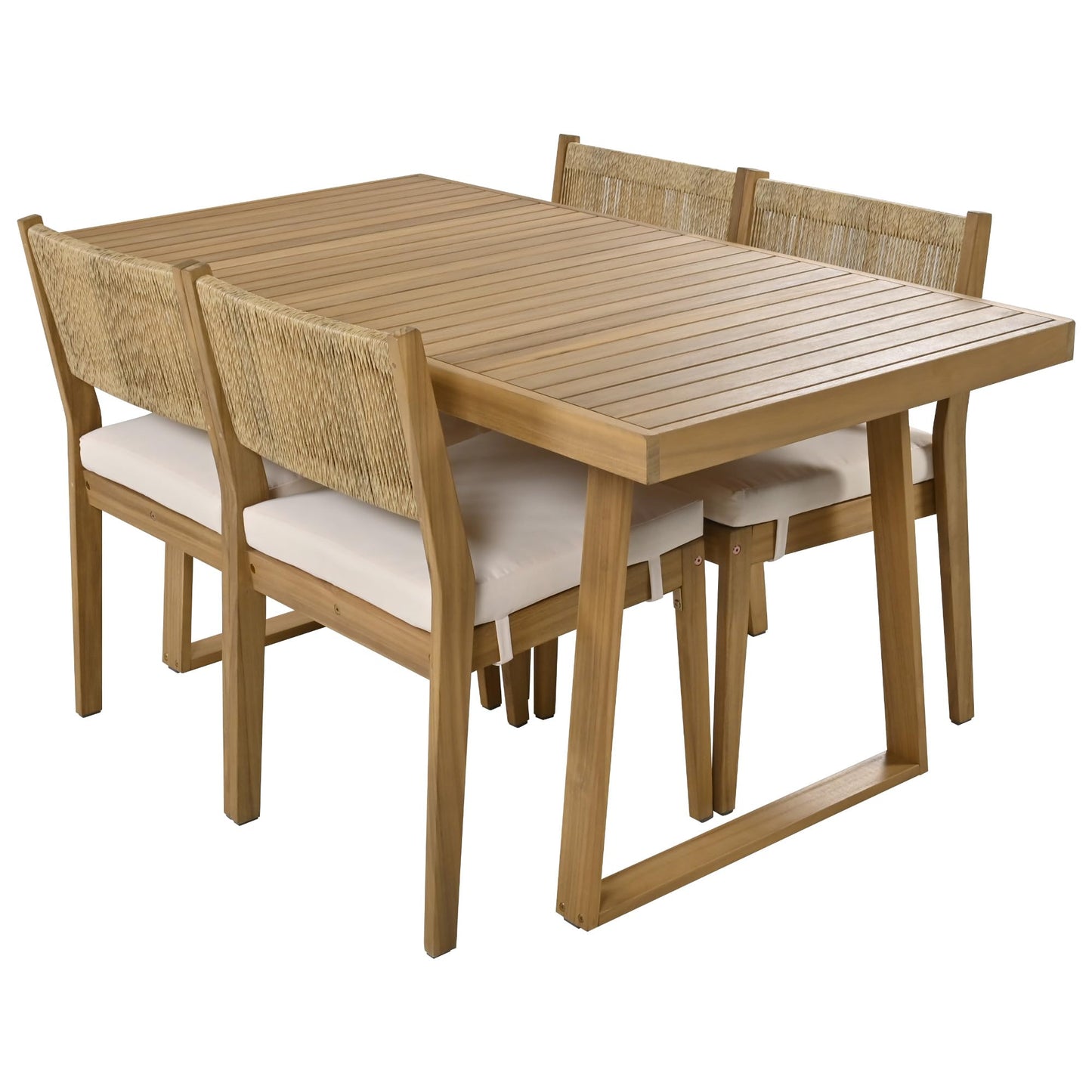 Merax Wood Outdoor Dining Table Set for 4,All Weather Patio Chairs with Soft Cushions and Jute Rope Knitted Back