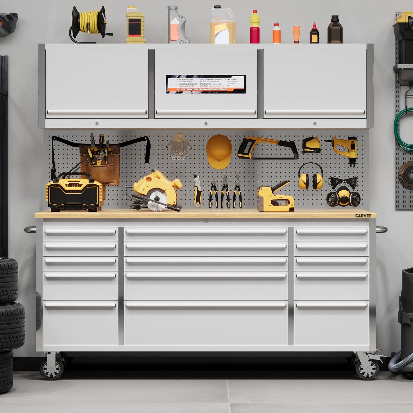 Garvee 72-Inch Heavy-Duty Rolling Tool Chest & Mobile Workbench with 9 Drawers & 3 Top Cabinet, Rubber Wood Tabletop, Key Locking System, Drawer Liners & Wheels, Steel Storage Cabinet for Garage